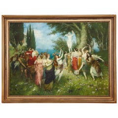 Antique The Triumph of Bacchus, a large oil painting by Ferdinand Leeke