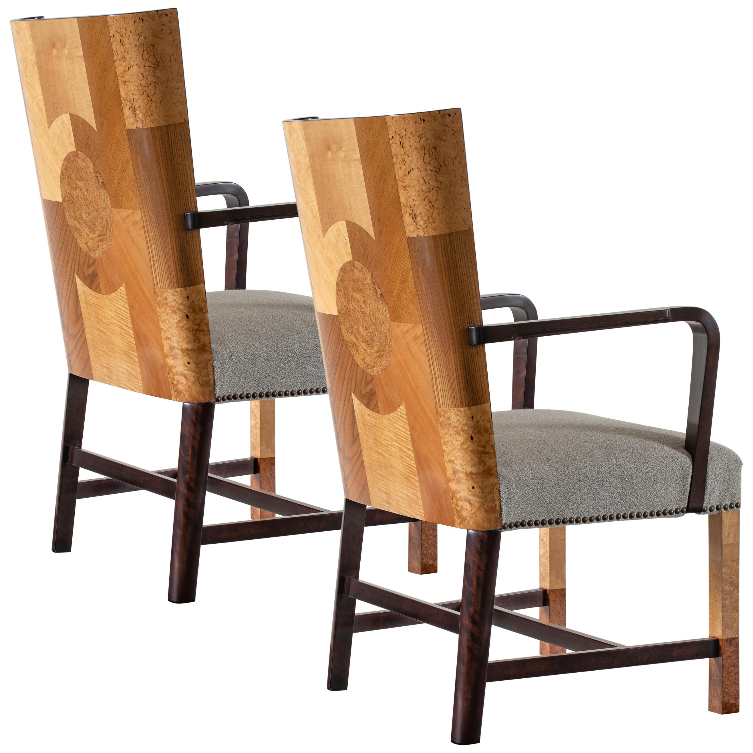 Ferdinand Lundquist & Co., Pair of Large & Rare Swedish Specimen Wood Armchairs For Sale