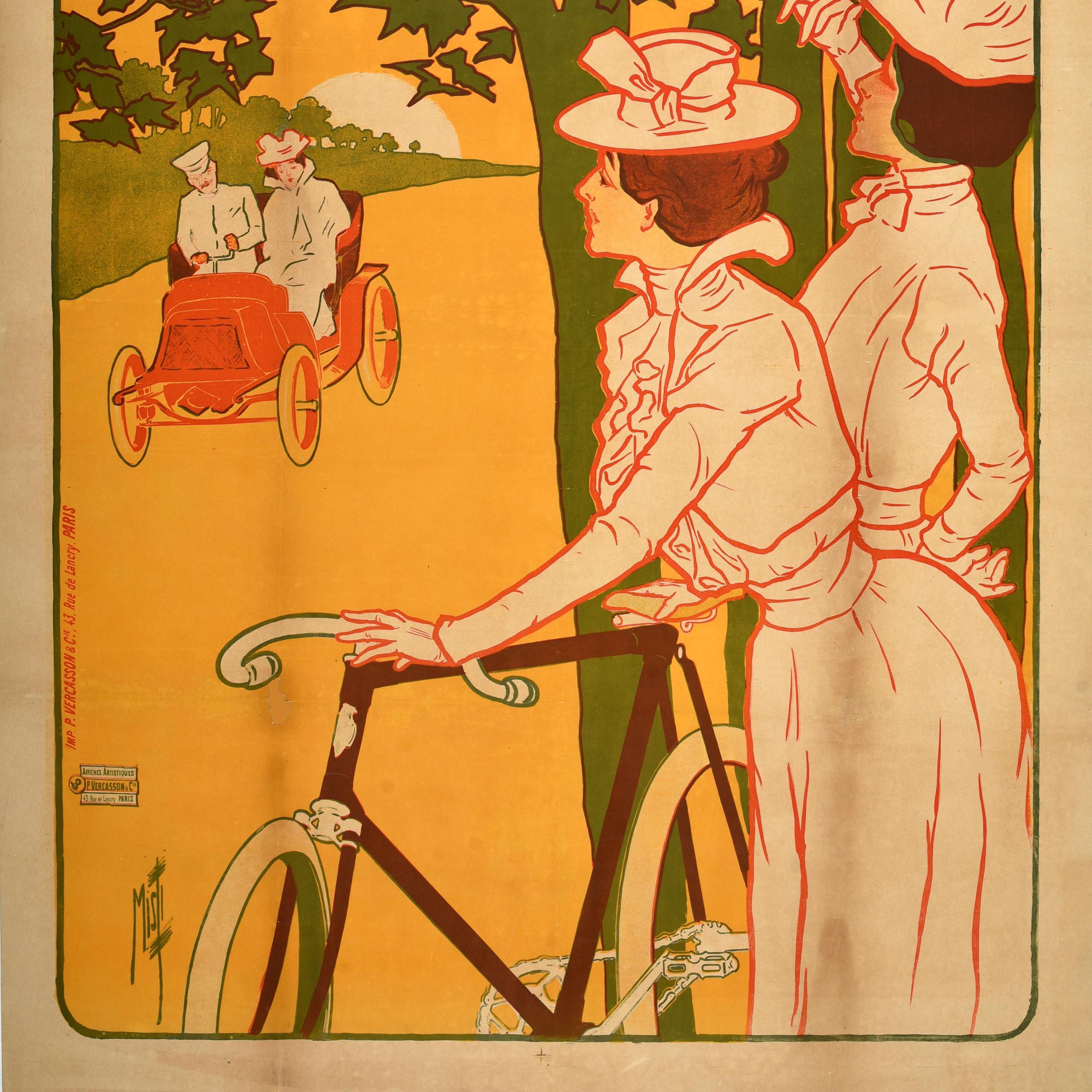 Original antique French advertising poster for Cottereau & Cie Dijon featuring Belle Epoque artwork by Misti (Ferdinand Mifliez; 1865-1923) of two ladies in fashionable dresses and hats standing with a bicycle by trees and looking at a couple