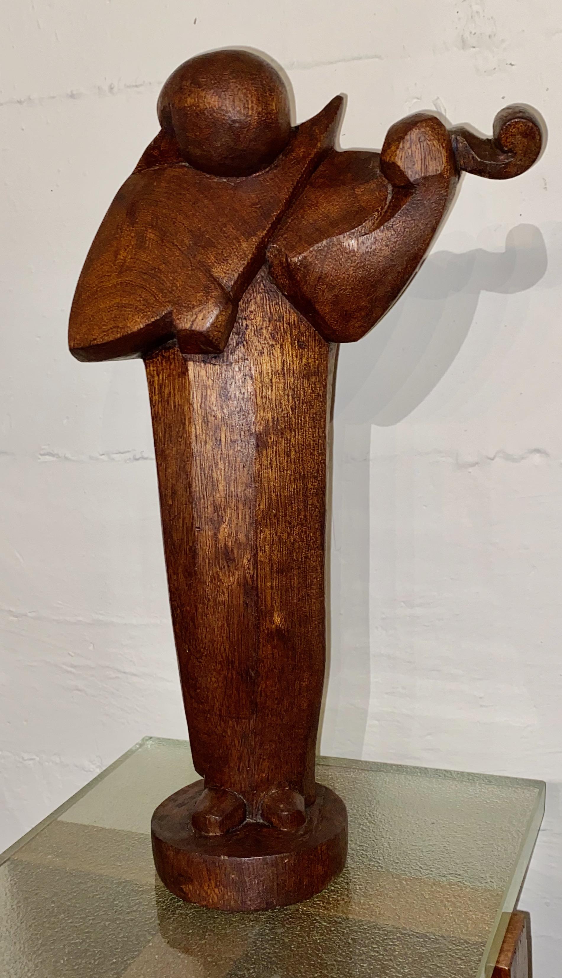 Ferdinand Parpan Art Deco Wood Sculpture Cubist Violinist In Good Condition In Oakland, CA