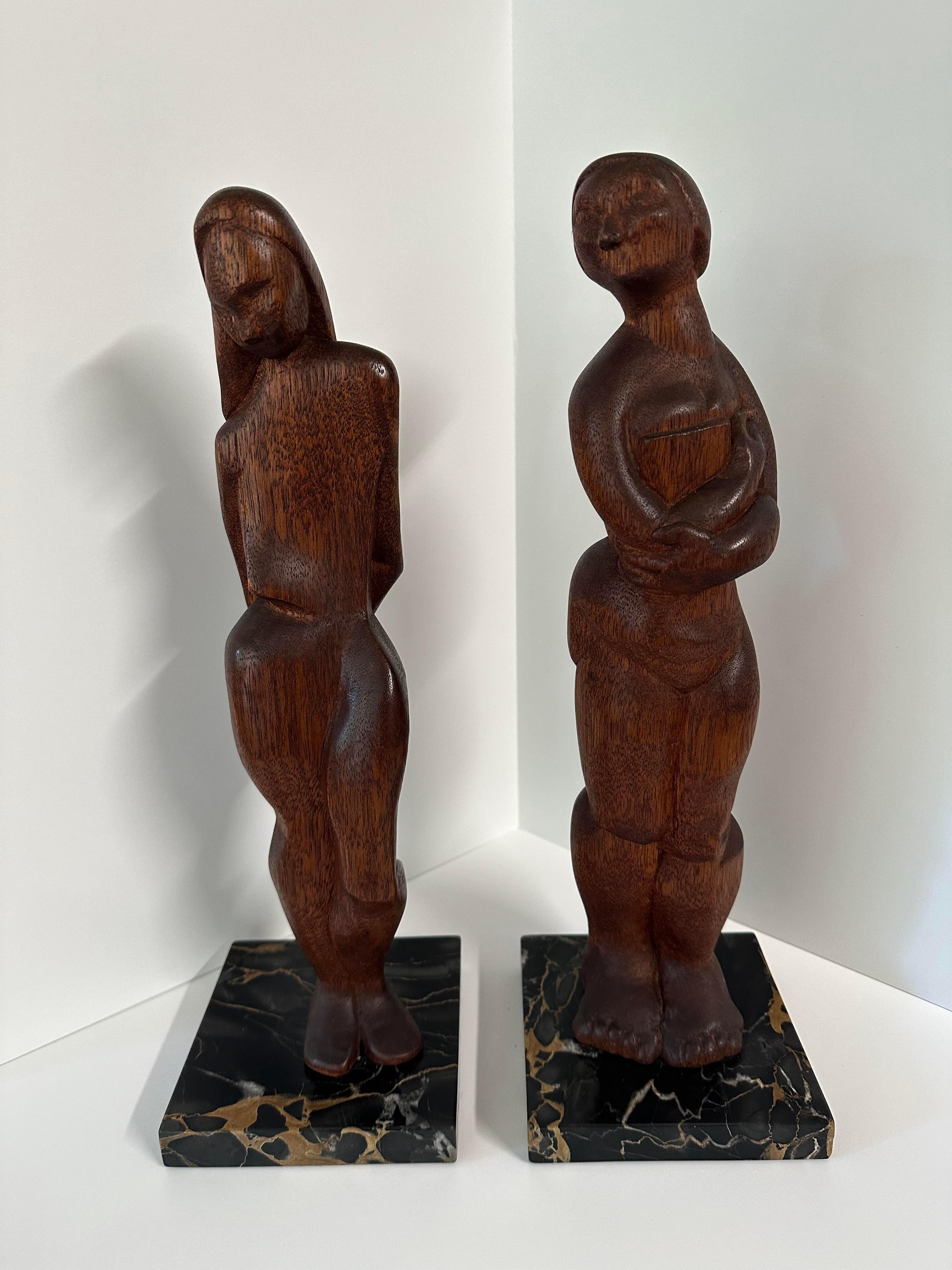 Pair Art Deco Female Nude wood marble sculptures attributed to Ferdinand Parpan For Sale 1