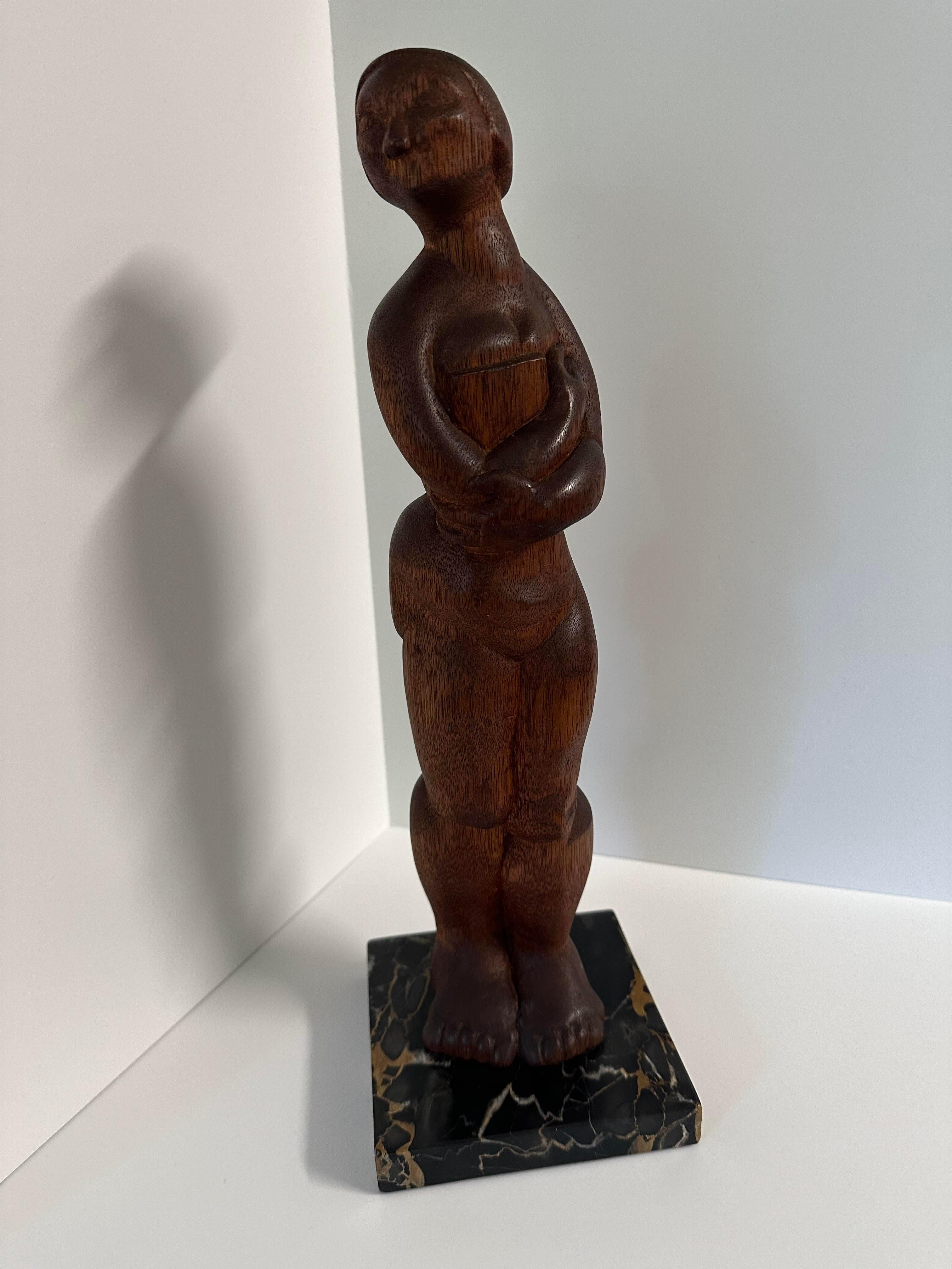 Pair Art Deco Female Nude wood marble sculptures attributed to Ferdinand Parpan For Sale 3