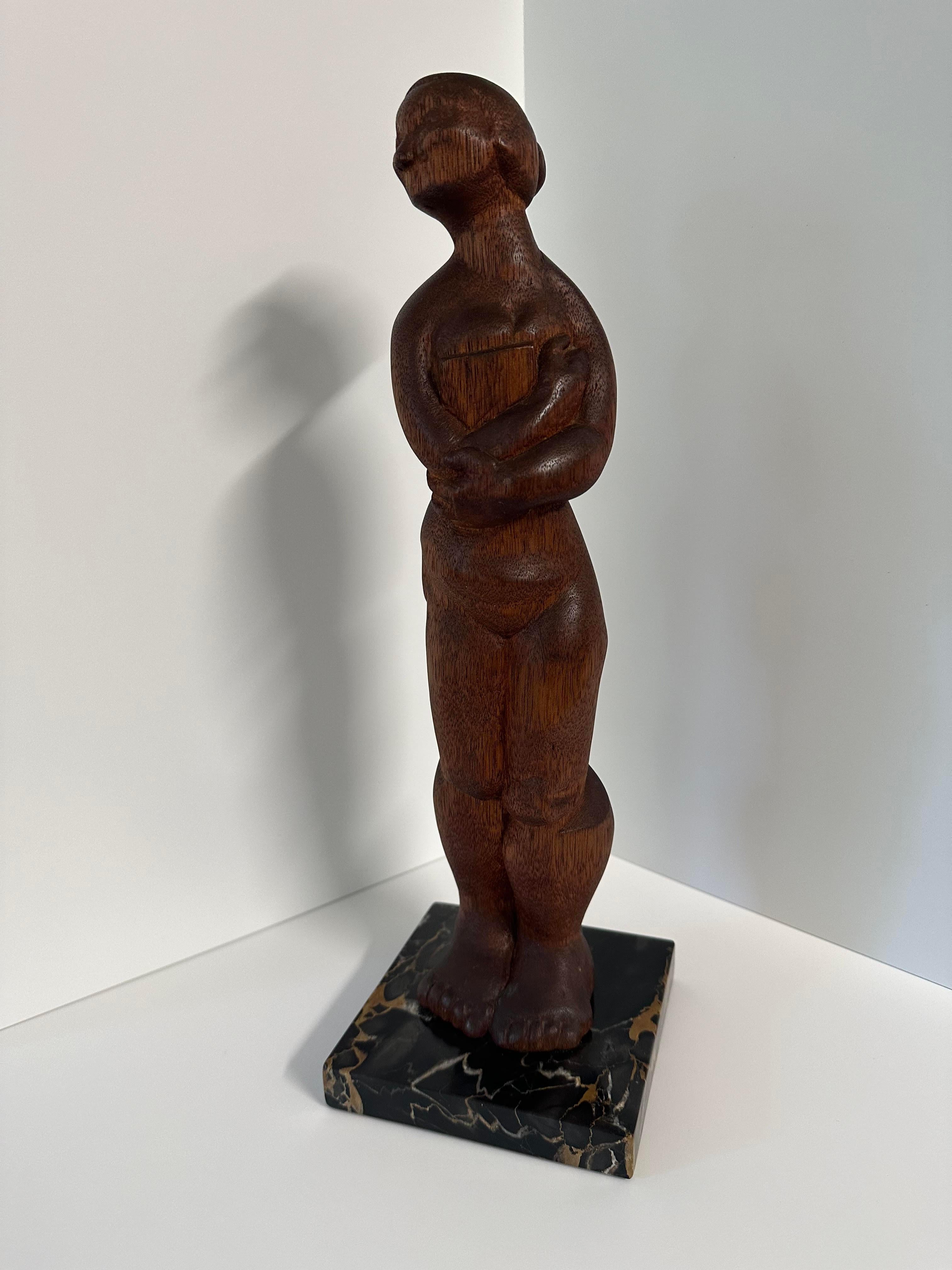 Pair Art Deco Female Nude wood marble sculptures attributed to Ferdinand Parpan For Sale 6