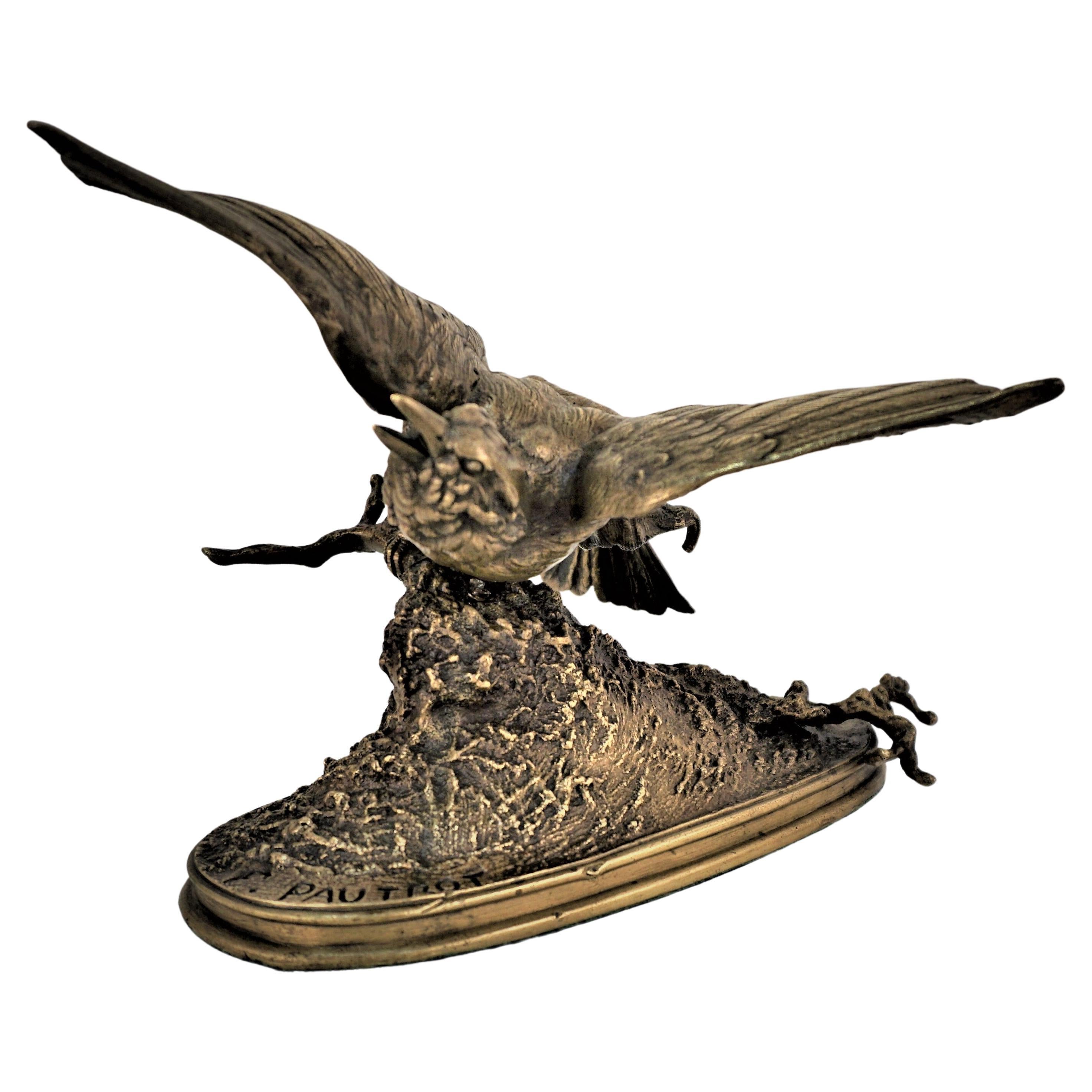 Ferdinand Pautrot « 1832-1874 » Oiseau en bronze français du 19ème siècle perché sur une branche