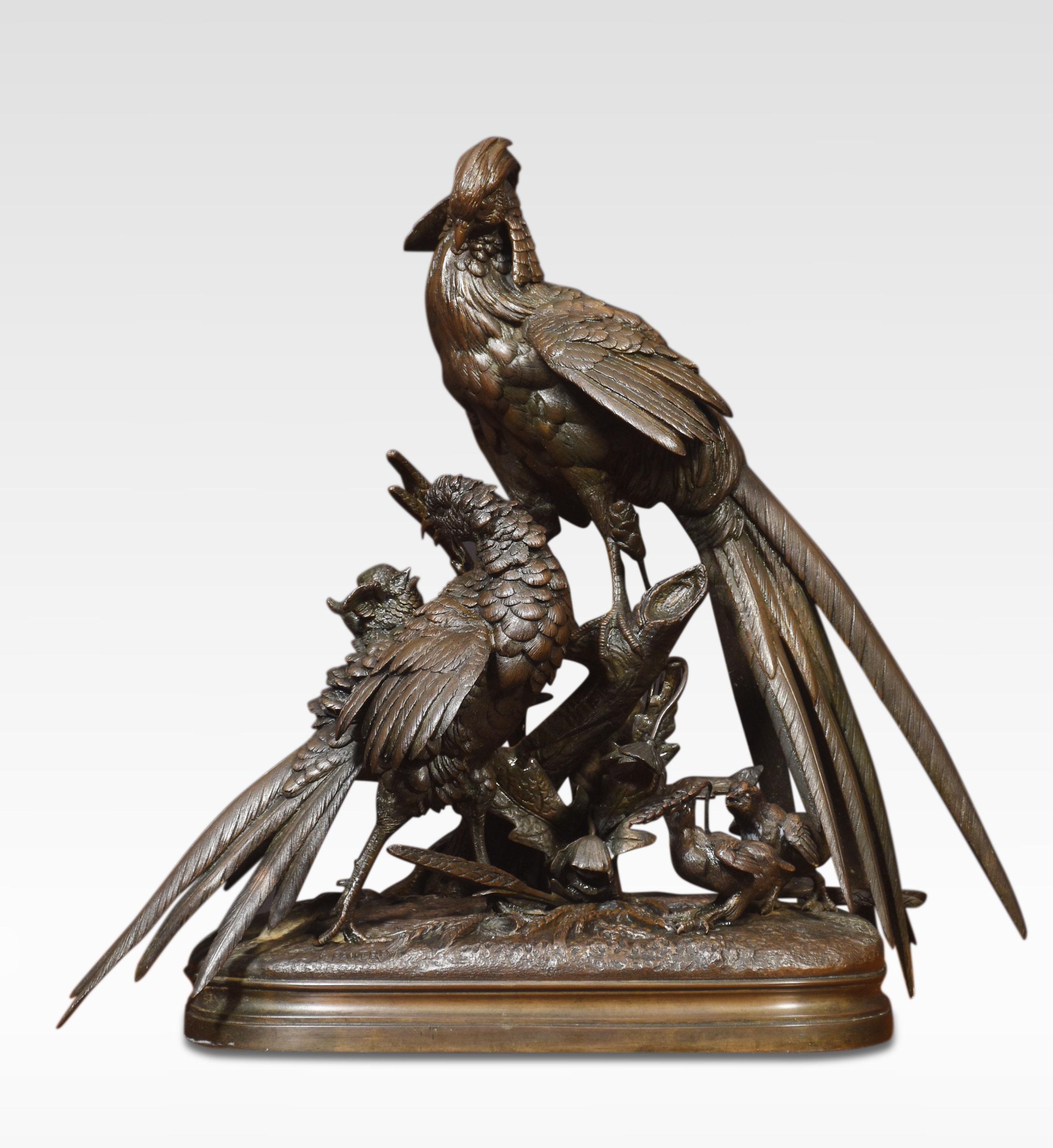 After a model by Ferdinand Pautrot bronze sculpture of a Pheasants, on oval base signed F. Pautrot.
Dimensions
Height 13.5 inches
Width 15 inches
Depth 7 inches.
