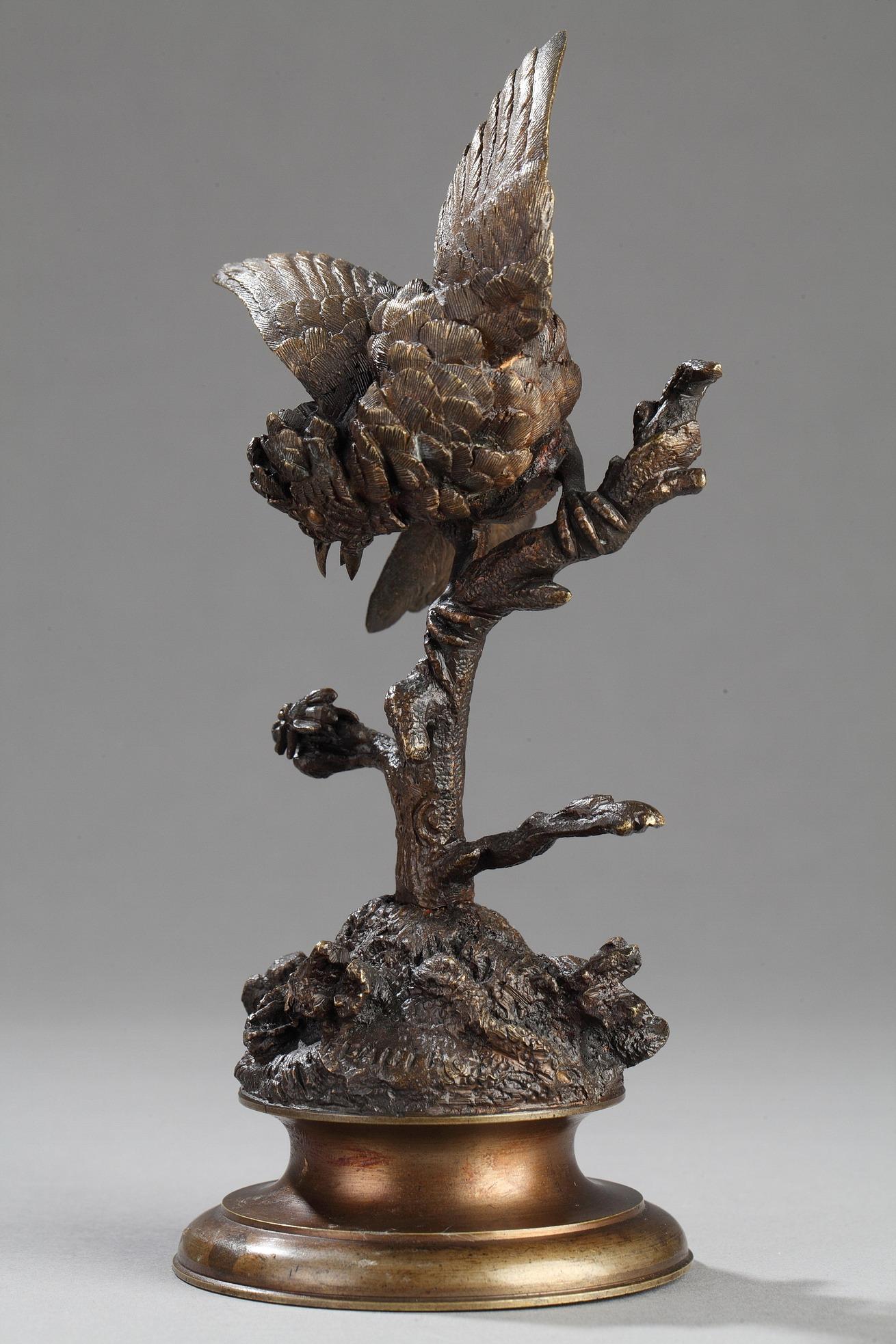 Bird on a branch - Gold Figurative Sculpture by Ferdinand Pautrot
