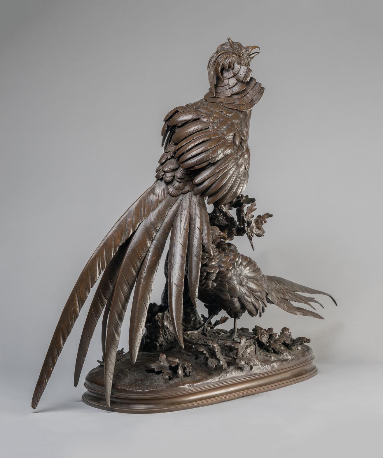 Hahn und Henne (Fasane) (Gold), Figurative Sculpture, von Ferdinand Pautrot