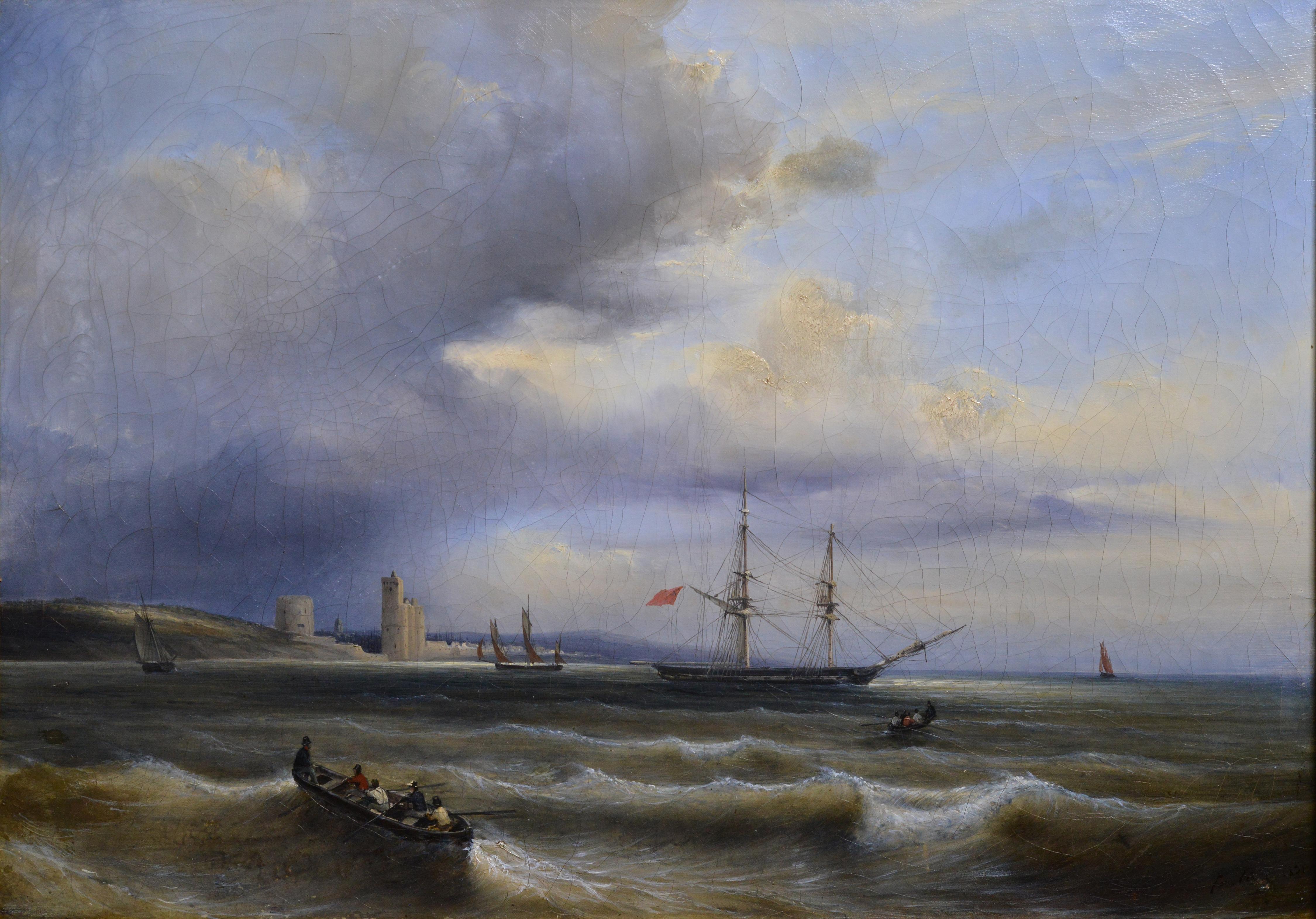 Paesaggio marino francese Navi al largo di Saint Vaast la Hougue Capolavoro di Ferdinand Perrot 1
