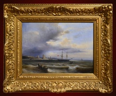 Antique French Seascape Ships off Saint Vaast la Hougue Masterwork Ferdinand Perrot