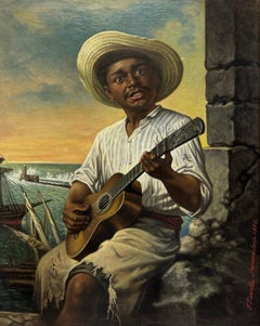 “Guitar Player in Recife, Brazil, 1886” Pernambuco Brazilian Coast Oil Signed