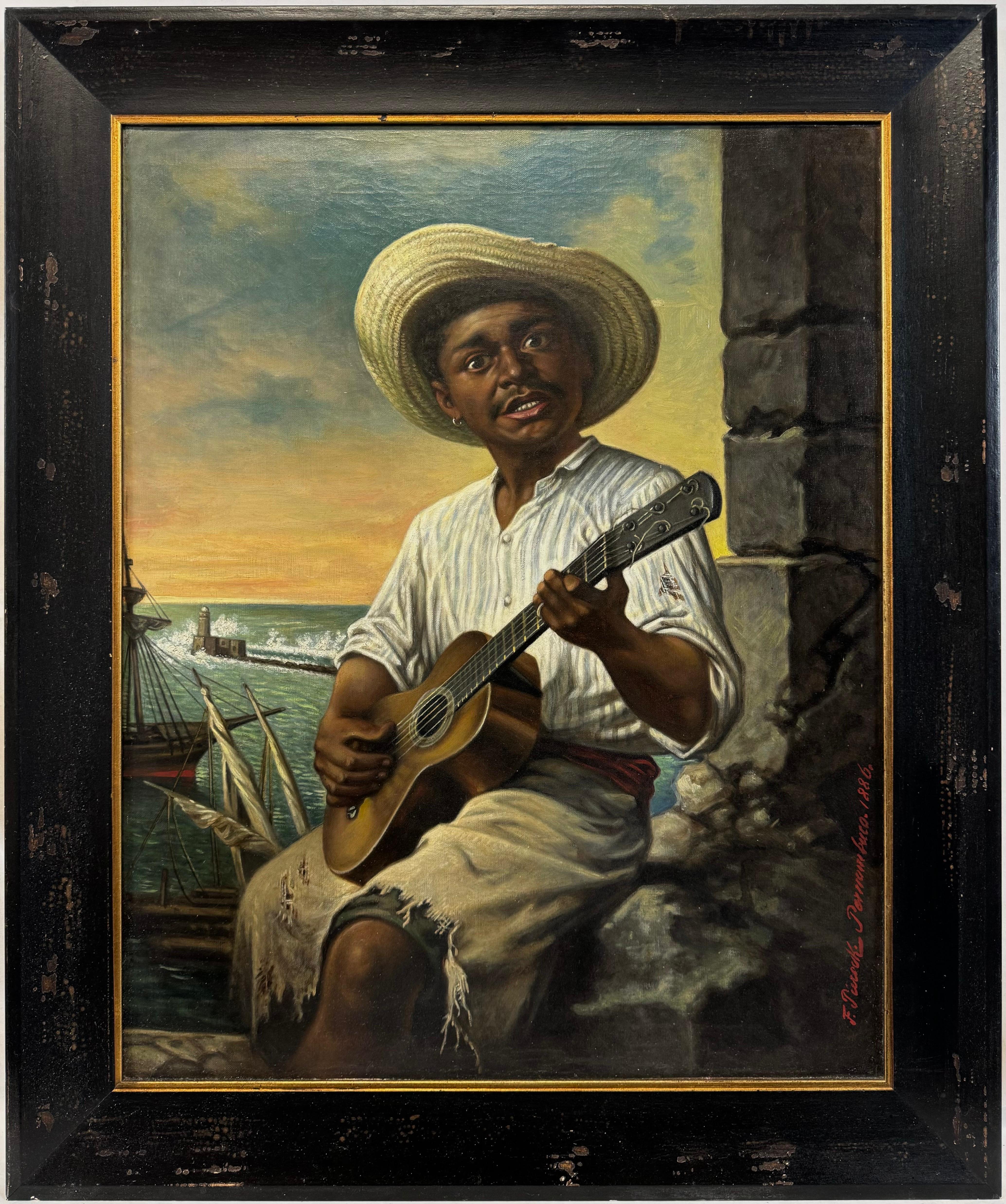Portrait Painting Ferdinand Piereck - "Joueur de guitare à Recife, Brésil, 1886" Côte brésilienne de Pernambouc Huile signée