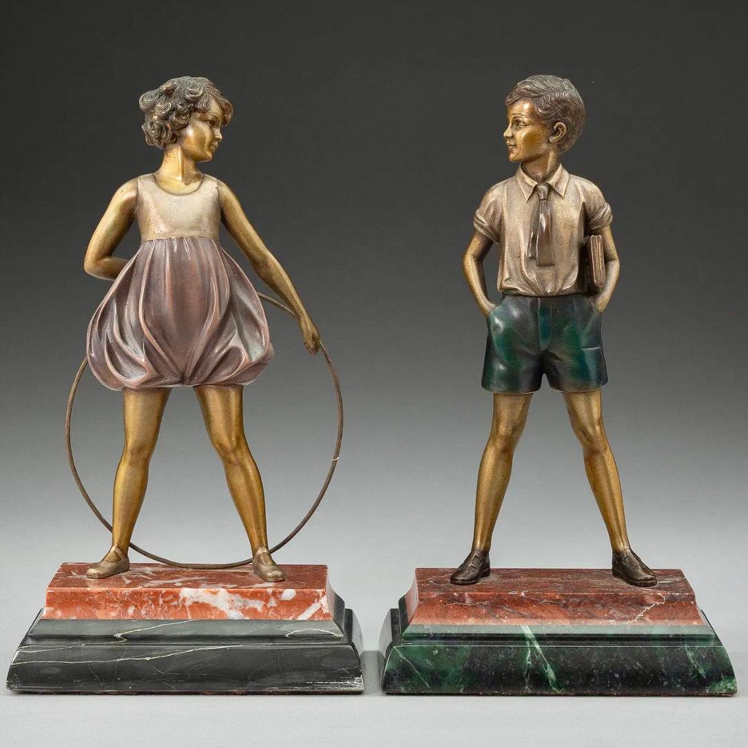 Ferdinand Preiss Hoop Girl And Sonny Boy Painted Bronze Figures For Sale 1