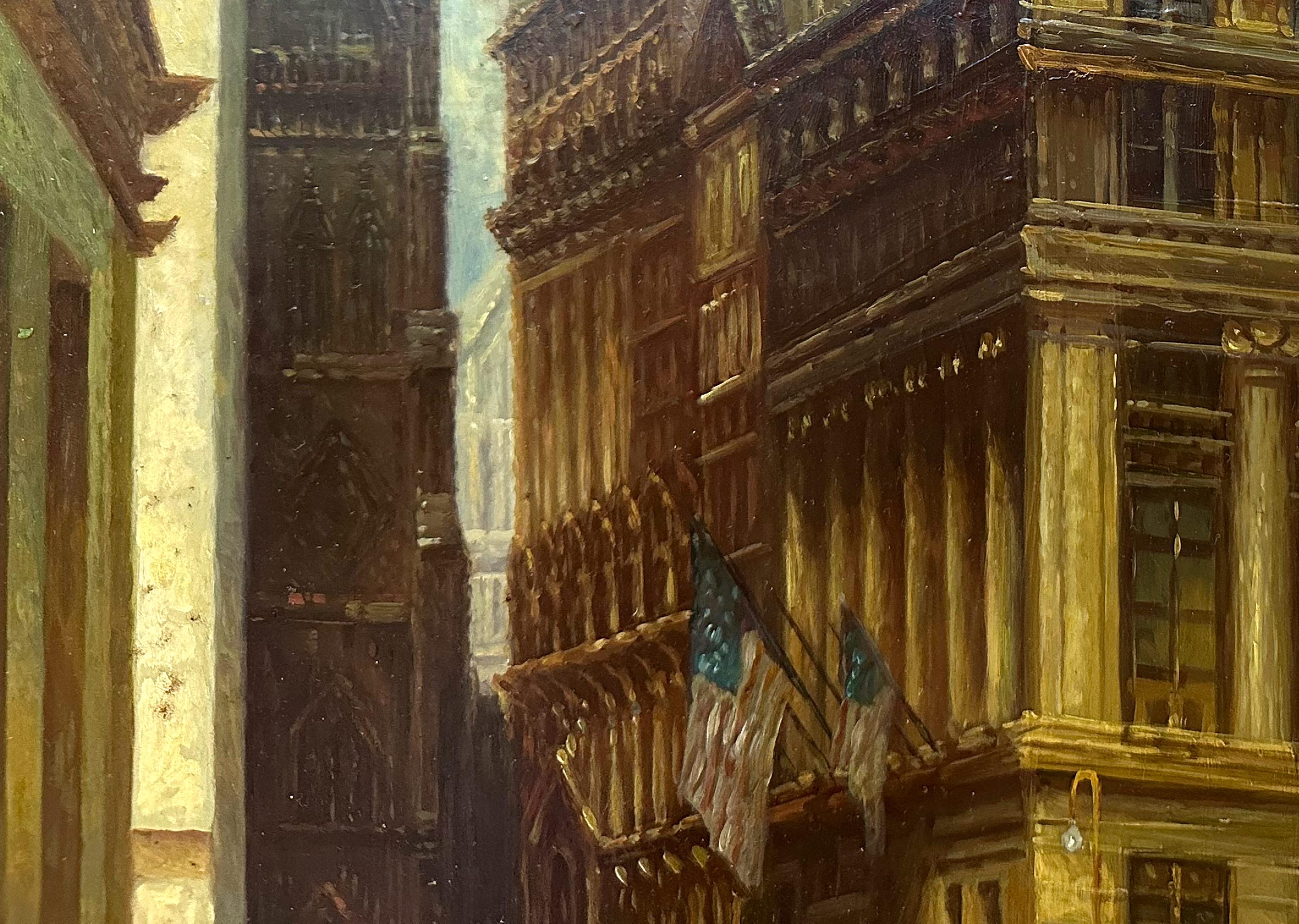 Scène réaliste de la ville de New York représentant une vue de Wall Street en direction de Trinity Church sur Broadway, avec le Federal Hall National Memorial au premier plan à droite. Les drapeaux américains, le cheval et la calèche ainsi que les