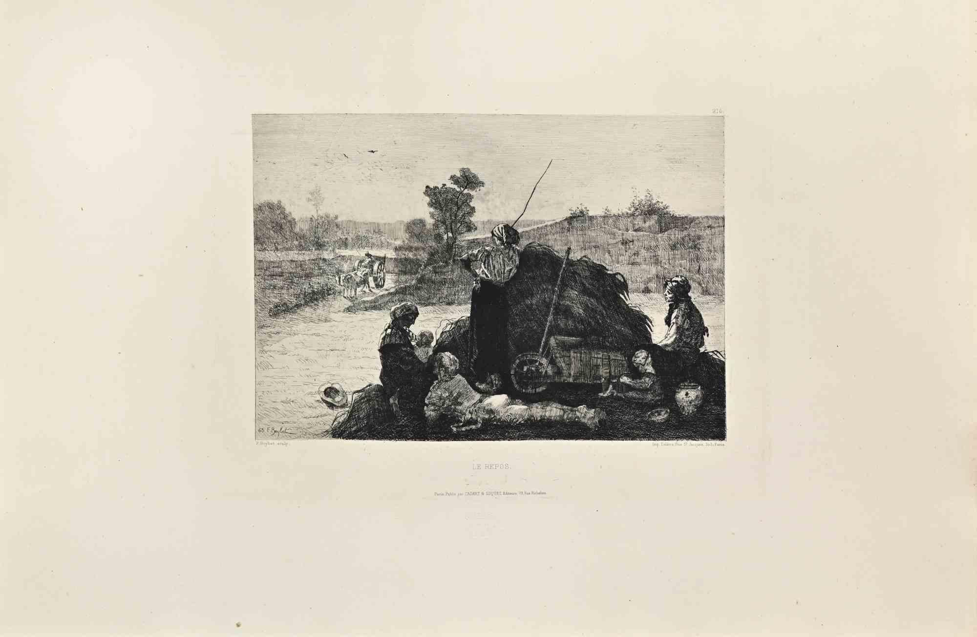Le Repos, gravure de Ferdinand Roybet, années 1860