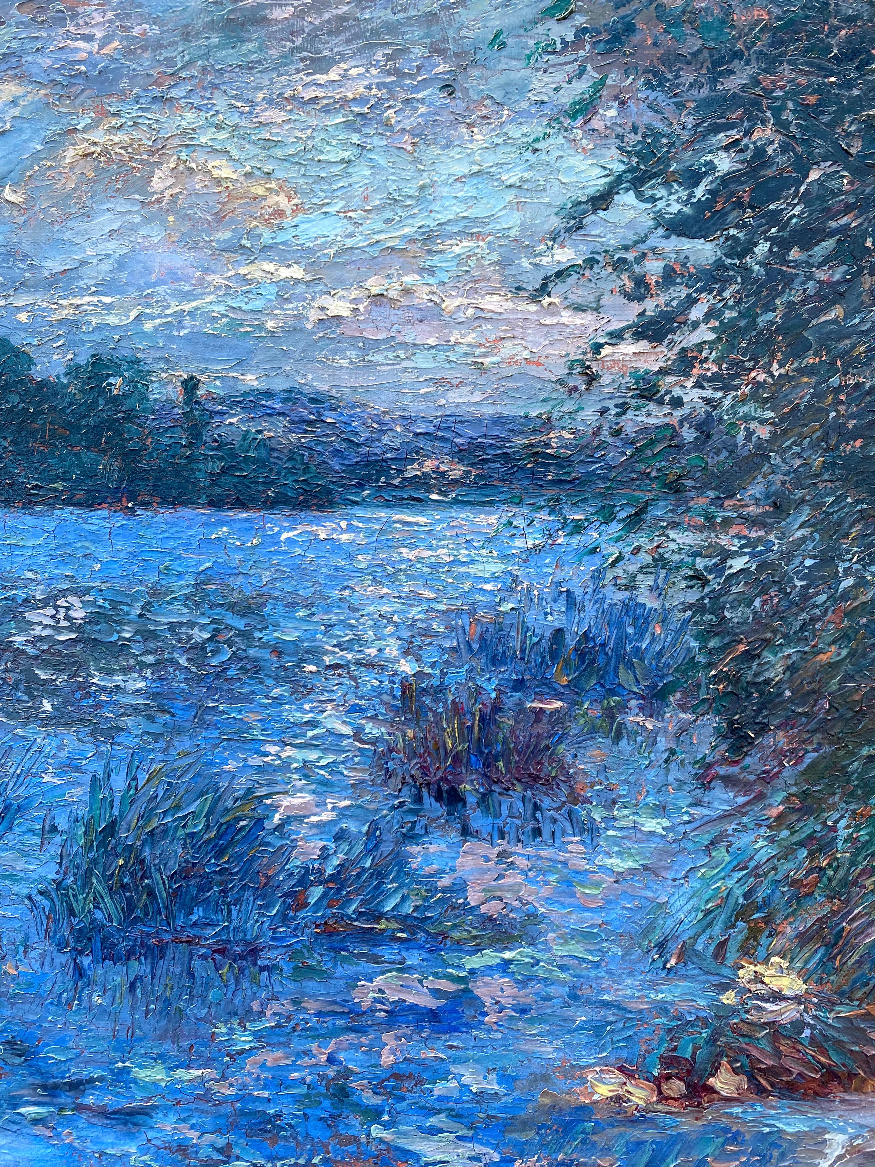 Paysage bleu et vert de la rivière Seine, vue impressionniste française, près de Giverny, 1911 - Impressionnisme Painting par Ferdinand Scossa Baggio