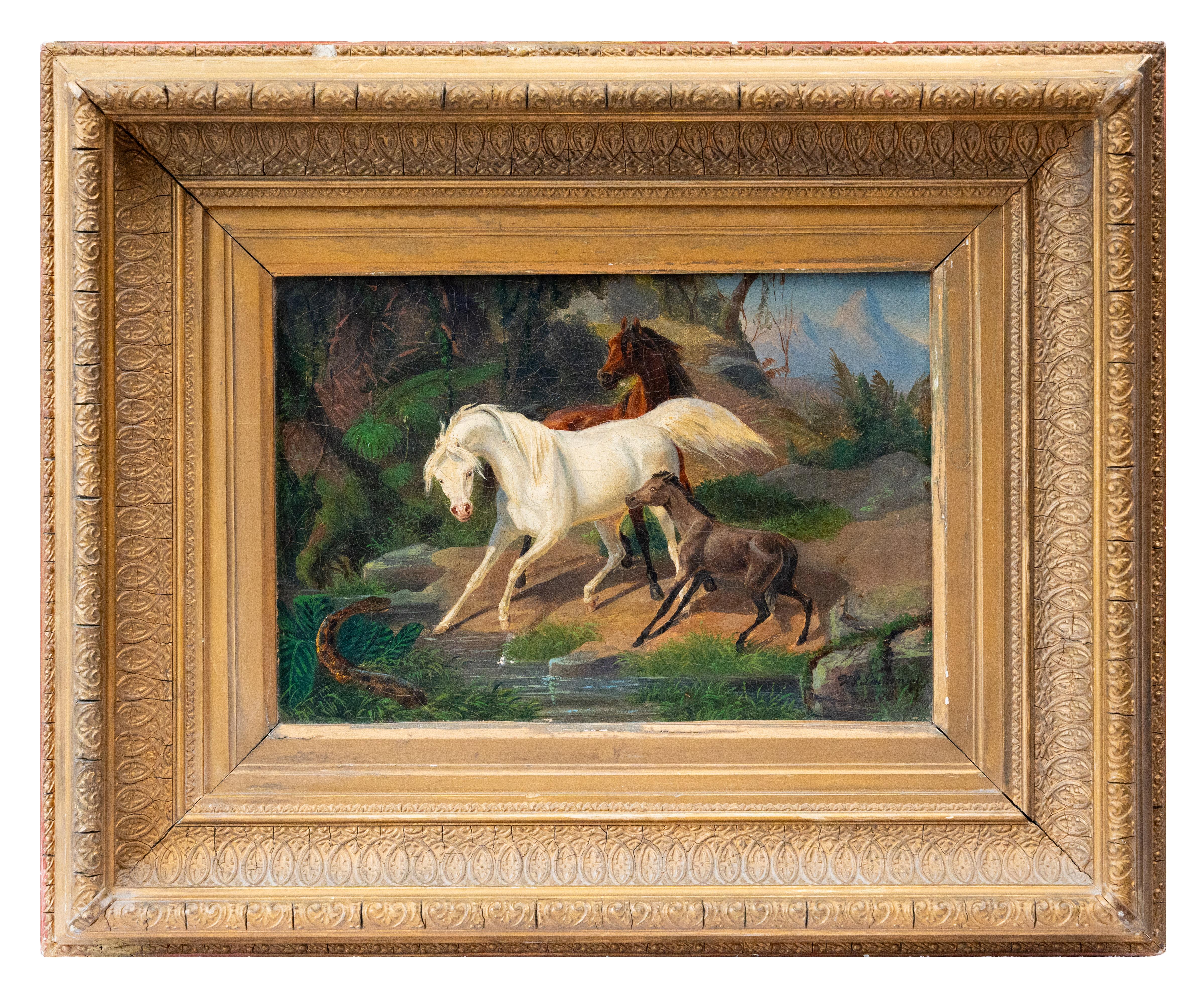 Animal Painting  Ferdinand Siegmund Lachenwitz - Chevaux sauvages surpris par un serpent