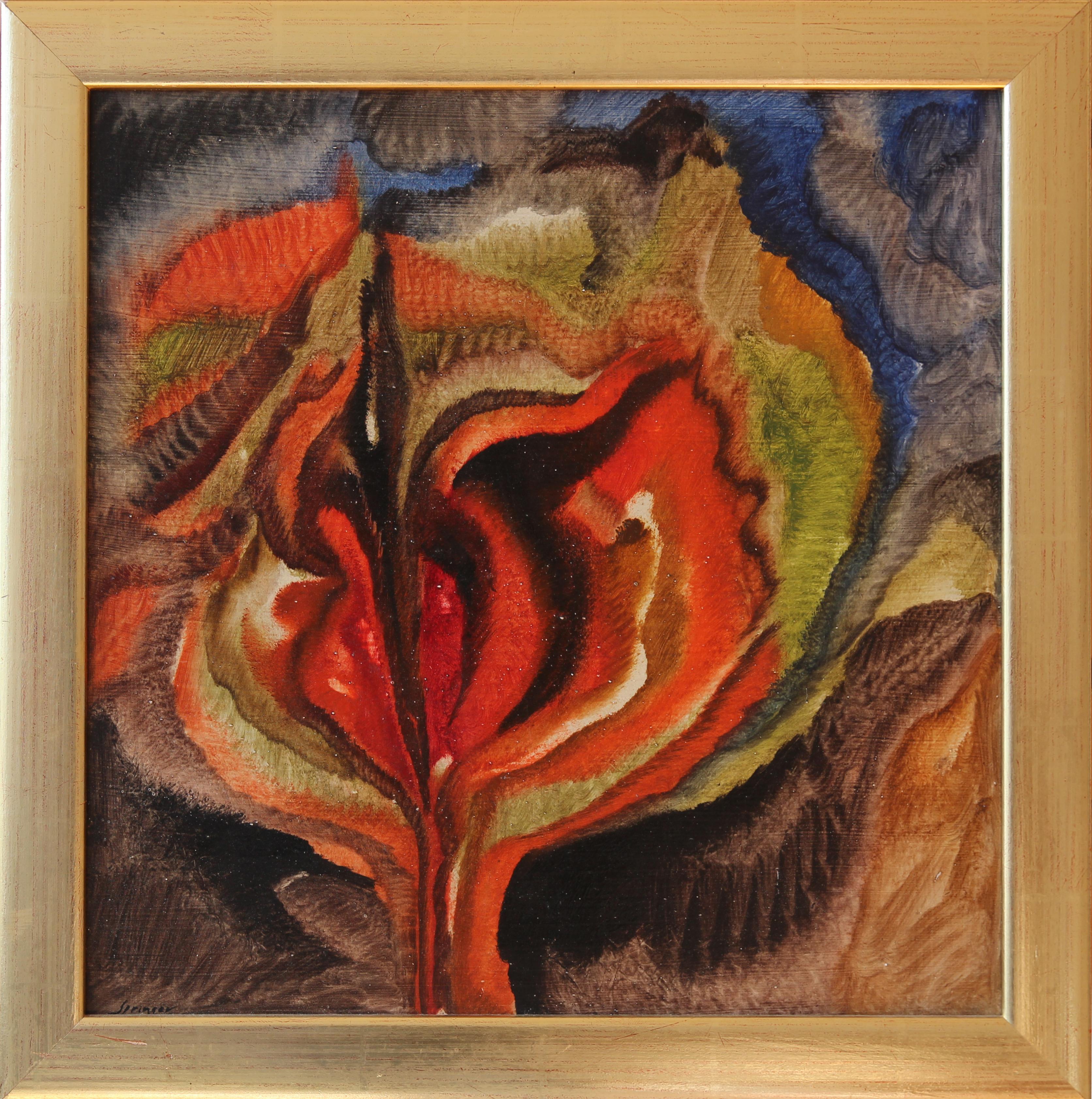 Composition florale "Blossom", 1950-1959 par Ferdinand Springer (1907-1998), Allemagne. Huile sur panneau dur. 
Signé en bas à gauche : Springer. Signé au verso : F. Springer. Encadré.
Mesures : Hauteur : 48,5 cm (19.09 in), Largeur : 48 cm (18.9