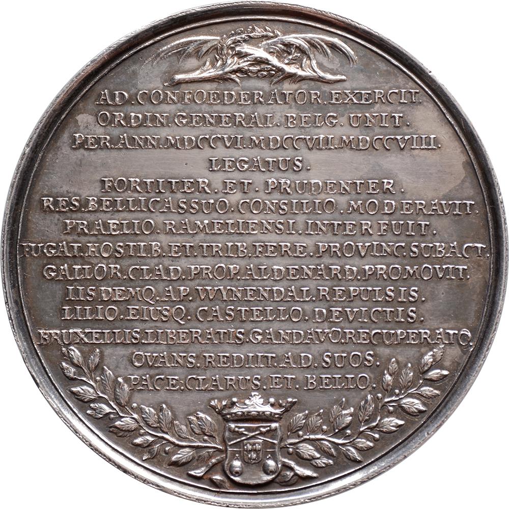 Dritto: FERDIN. VAN. COLLEN.TOPARCH. DE. GUNTERSTEIN. DOM. IN. TIENHOVEN. PRAETOR. ET. SENATORE. AMSTEL, busto corazzato e drappeggiato di Ferdinand van Collen
Inverso: ADS. CONFOEDERATORE. ESERCITO. / ORDIN. GENERALE. BELGIO. UNITA'. / PER. ANN.