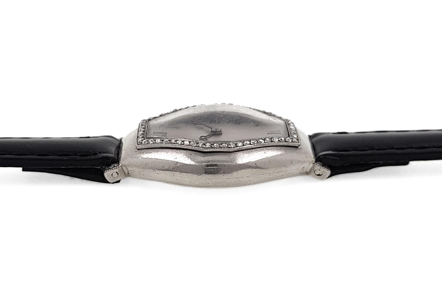 Brilliant Cut Ferdinand Verger Freres Platinum Tonneau Art Deco Art Nouveau Watch with Diamond For Sale