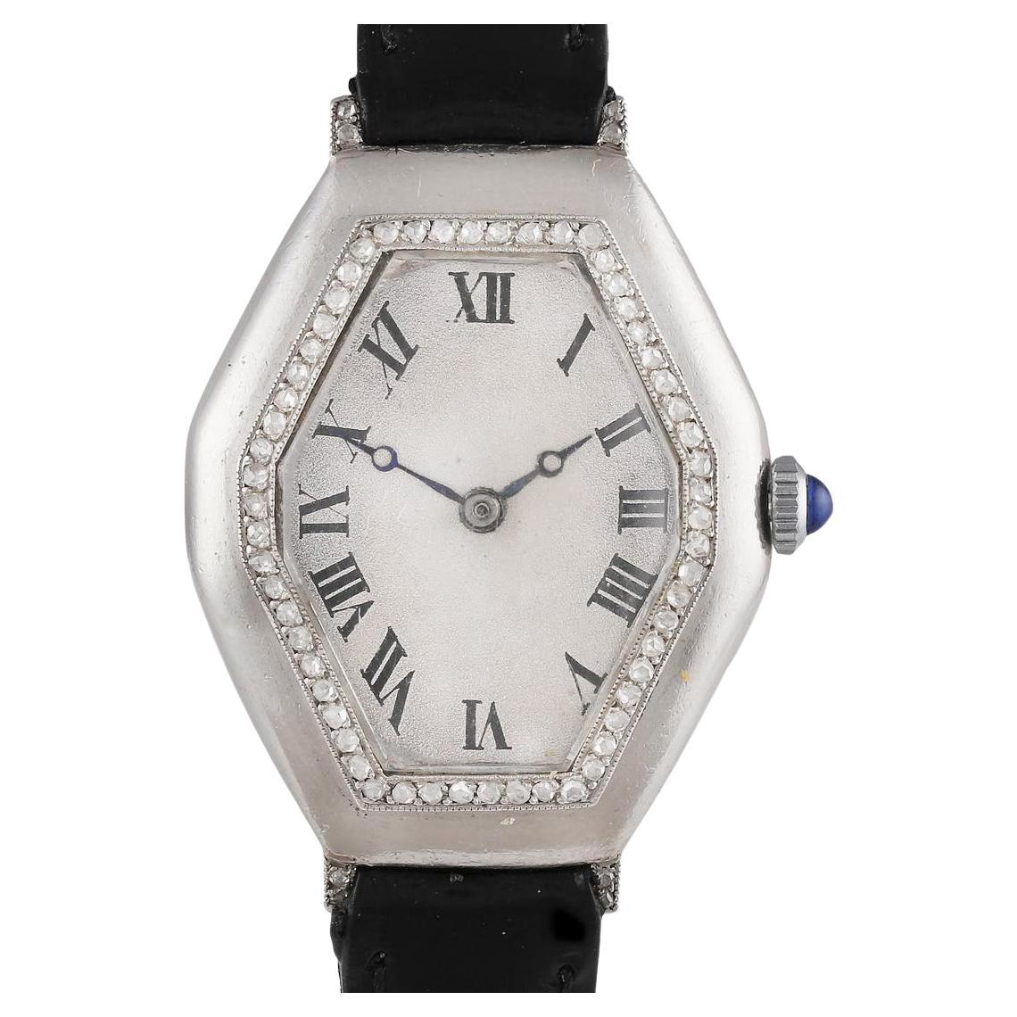 Ferdinand Verger Freres Platinum Tonneau Art Deco Art Nouveau Watch with Diamond