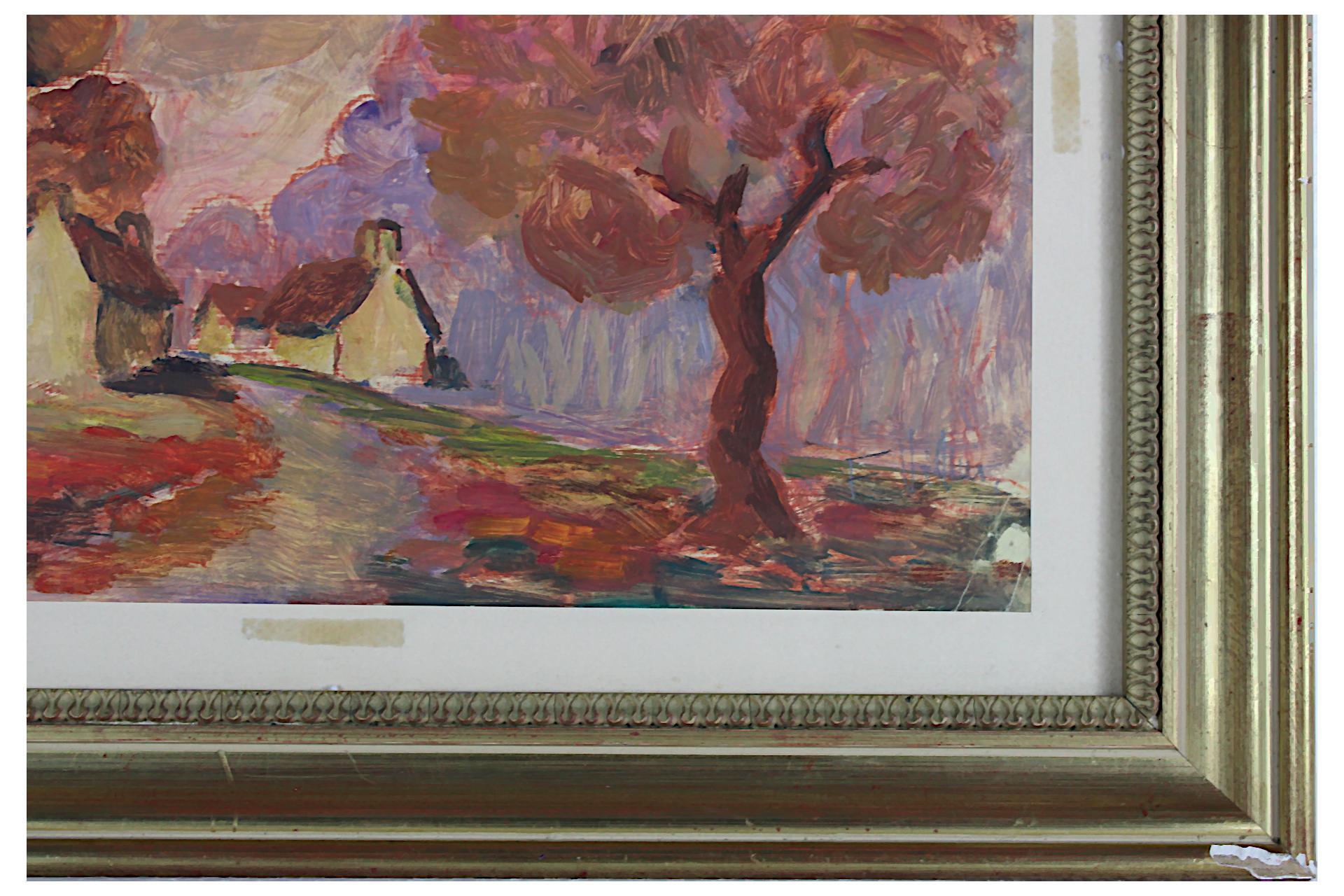 Rote Landschaft mit Bäumen, Original Gouache auf Papier, impressionistischer Stil (Impressionismus), Painting, von Ferdinand Villuis