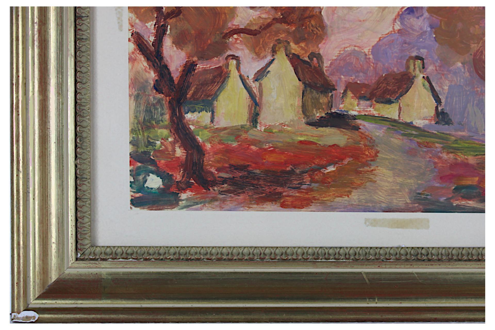Red Landscape with trees, Original Gouache on Paper, Impressionist style For Sale 1
