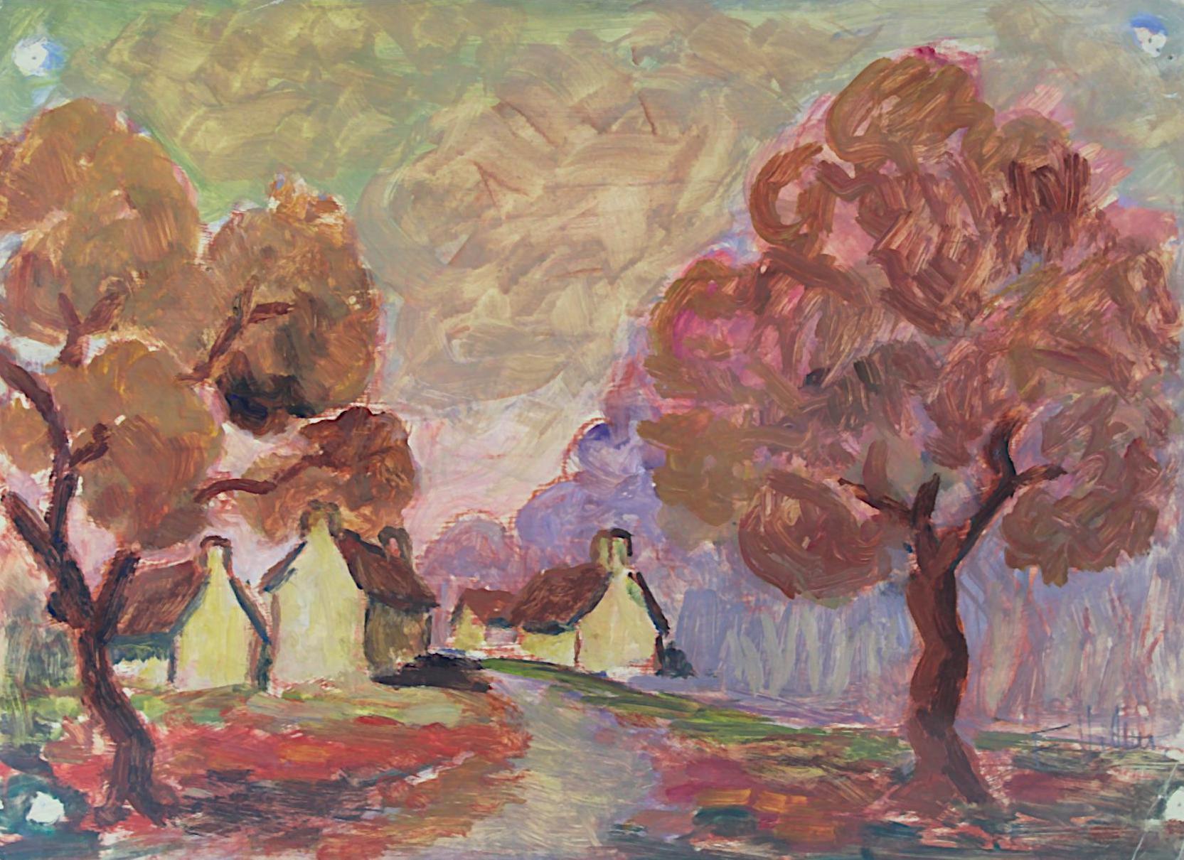 Rote Landschaft mit Bäumen, Original Gouache auf Papier, impressionistischer Stil – Painting von Ferdinand Villuis
