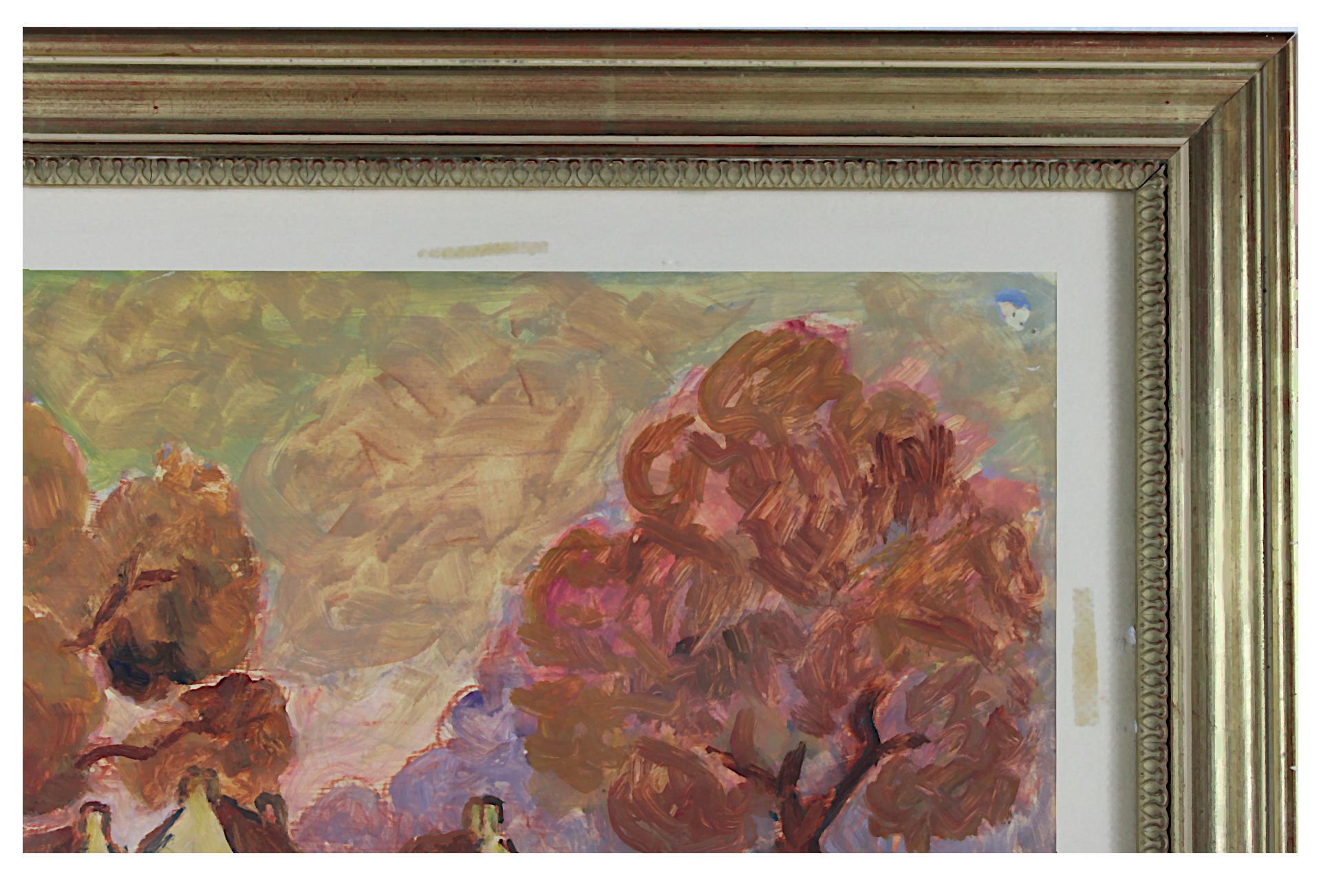 Rote Landschaft mit Bäumen, Original Gouache auf Papier, impressionistischer Stil im Angebot 1