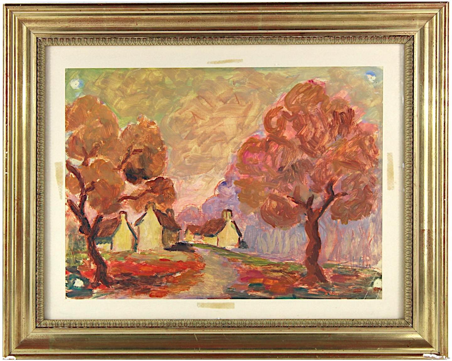 Rote Landschaft mit Bäumen, Original Gouache auf Papier, impressionistischer Stil