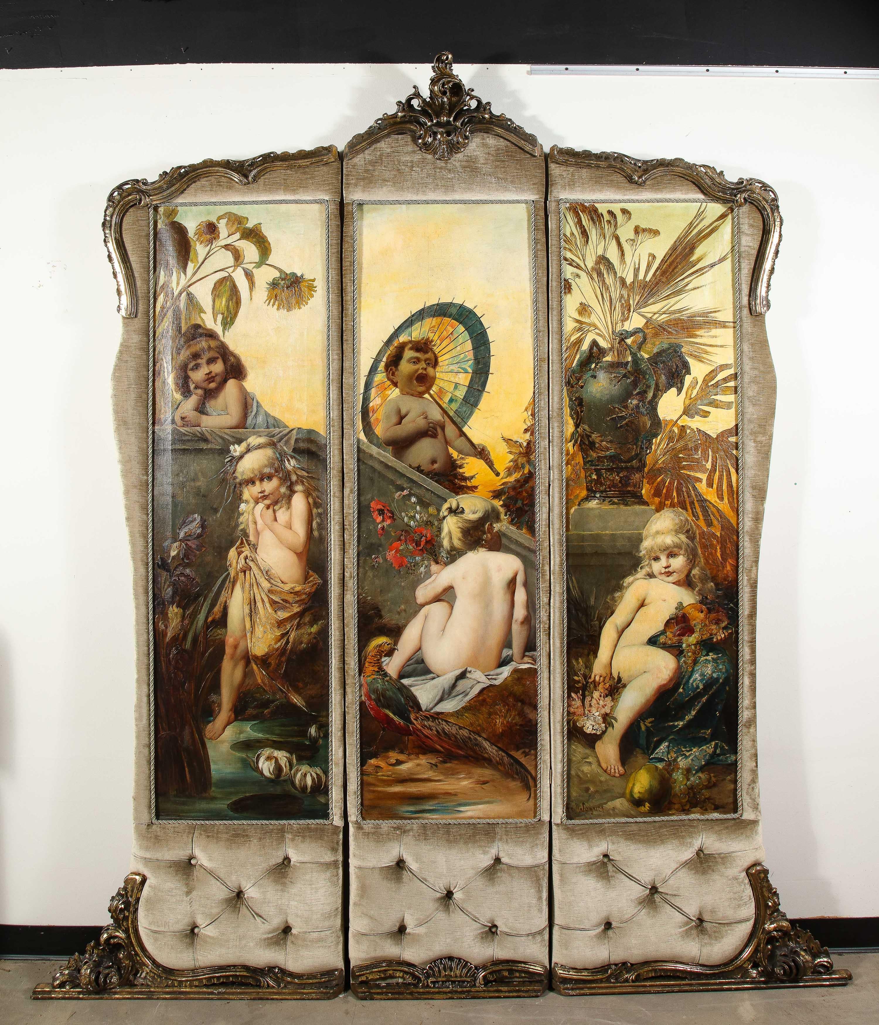 Dreiteiliger Raumteiler aus vergoldetem Holz und Öl auf Leinwand, Belle Epoque, palastartig und opulent – Painting von Ferdinand Wagner II