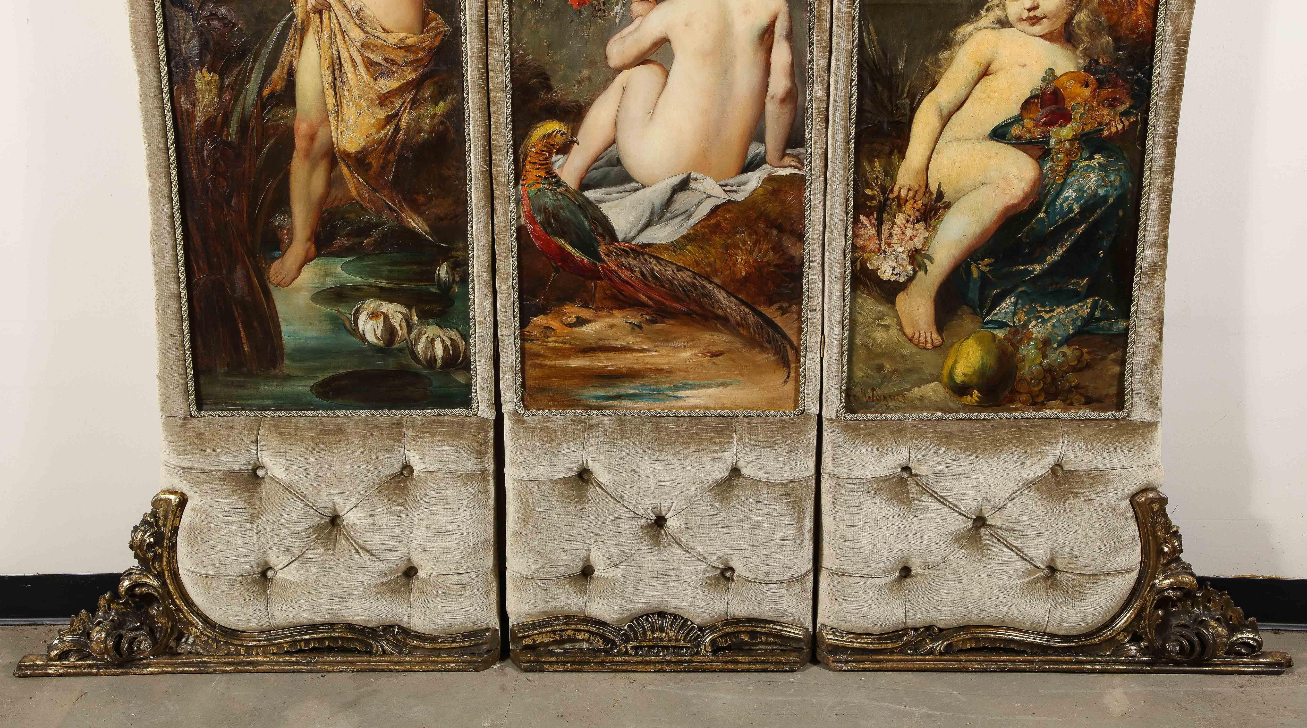 Dreiteiliger Raumteiler aus vergoldetem Holz und Öl auf Leinwand, Belle Epoque, palastartig und opulent (Romantik), Painting, von Ferdinand Wagner II