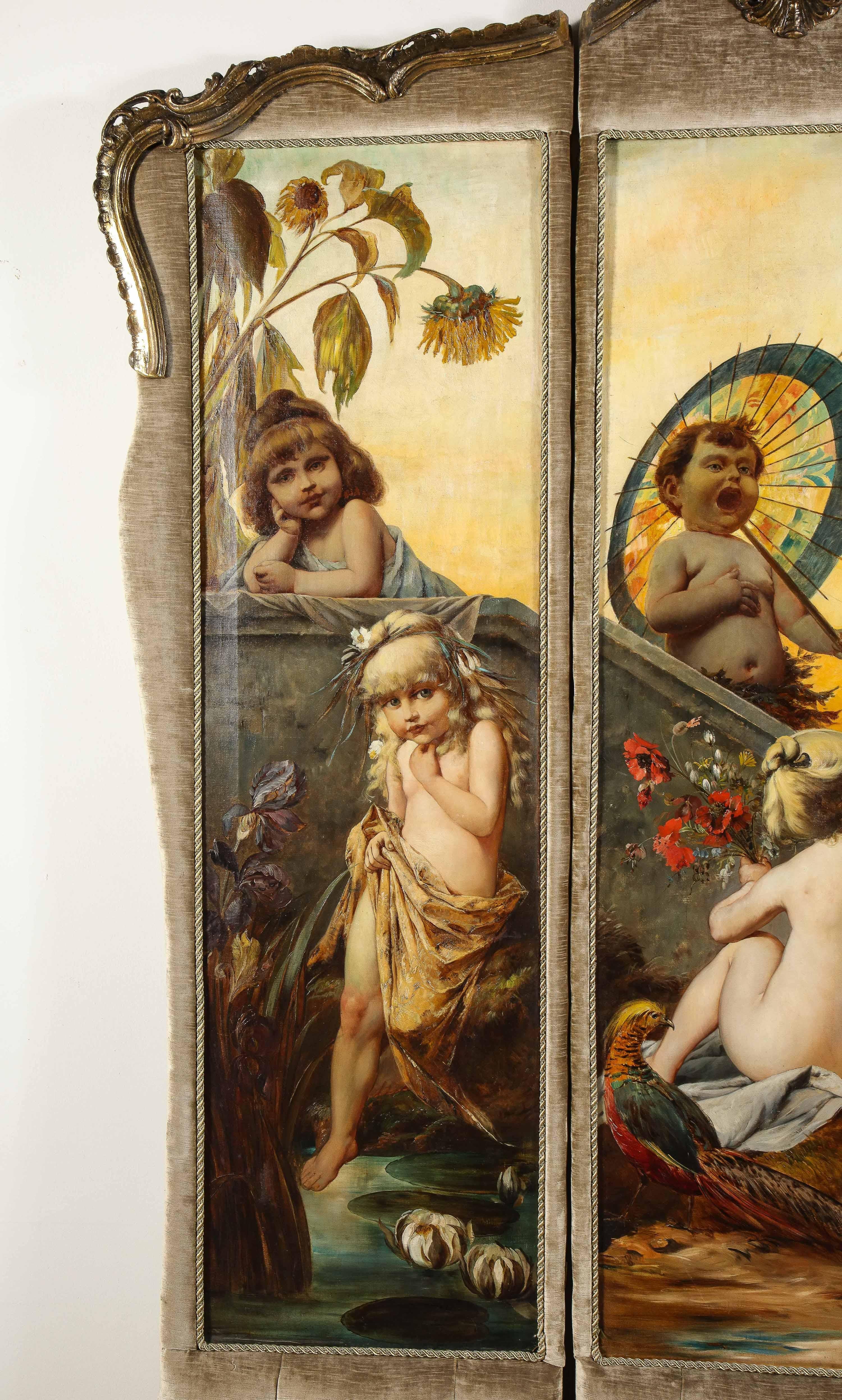 A Palatial and Opulent Belle epoque giltwood & oil on canvas three-panel screen, circa 1890.

