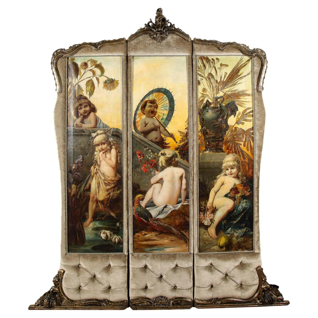 Ferdinand Wagner II Figurative Painting – Dreiteiliger Raumteiler aus vergoldetem Holz und Öl auf Leinwand, Belle Epoque, palastartig und opulent
