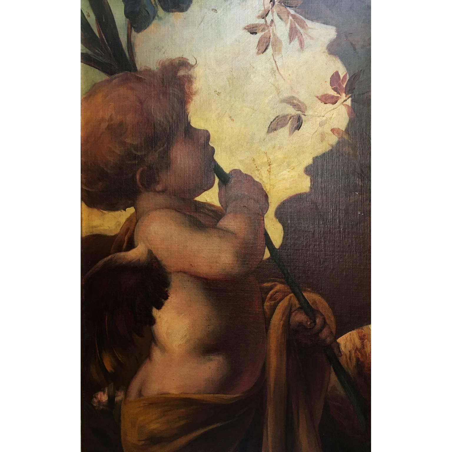 Incantevole trittico di cherubini su tela del XIX secolo  Un'allegoria della primavera in vendita 6