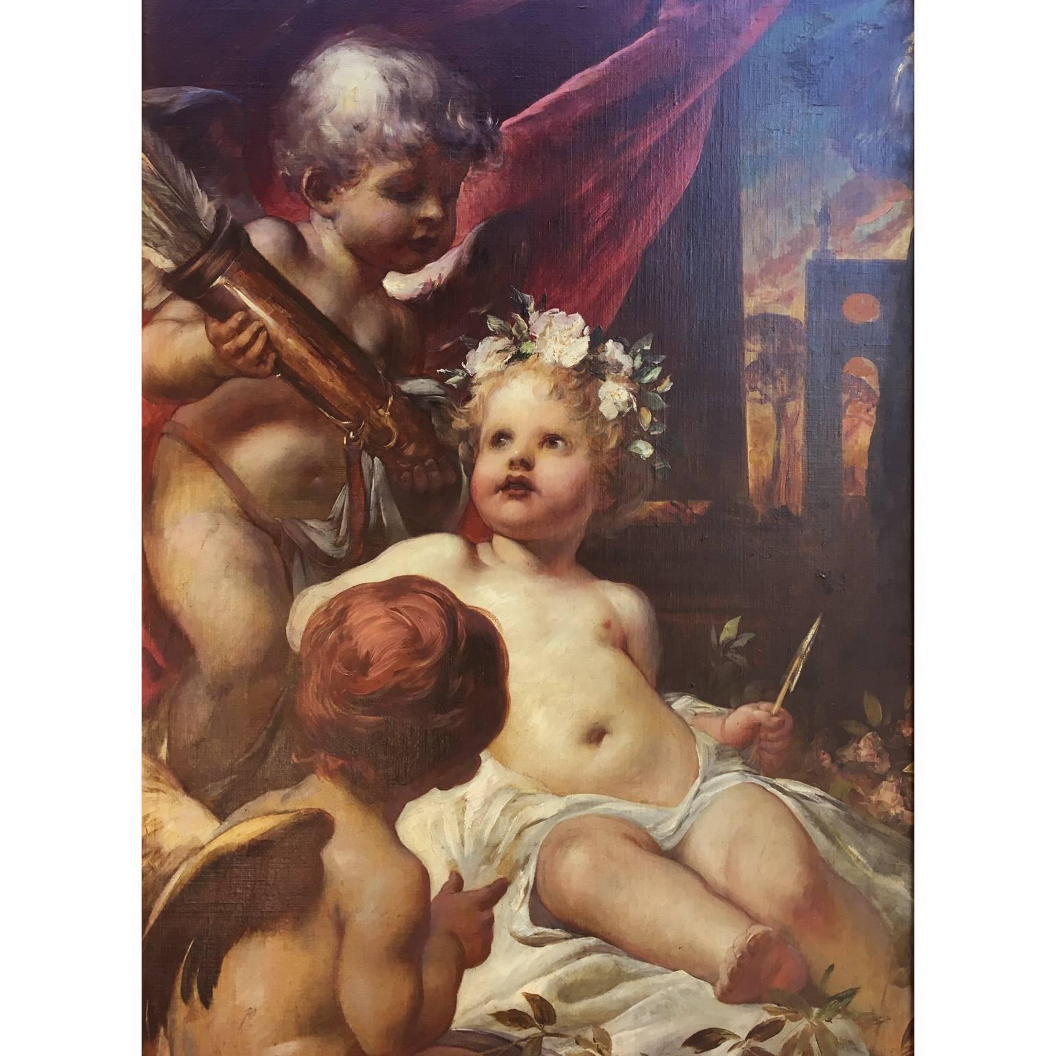 Incantevole trittico di cherubini su tela del XIX secolo  Un'allegoria della primavera - Painting Accademia di Ferdinand Wagner II 