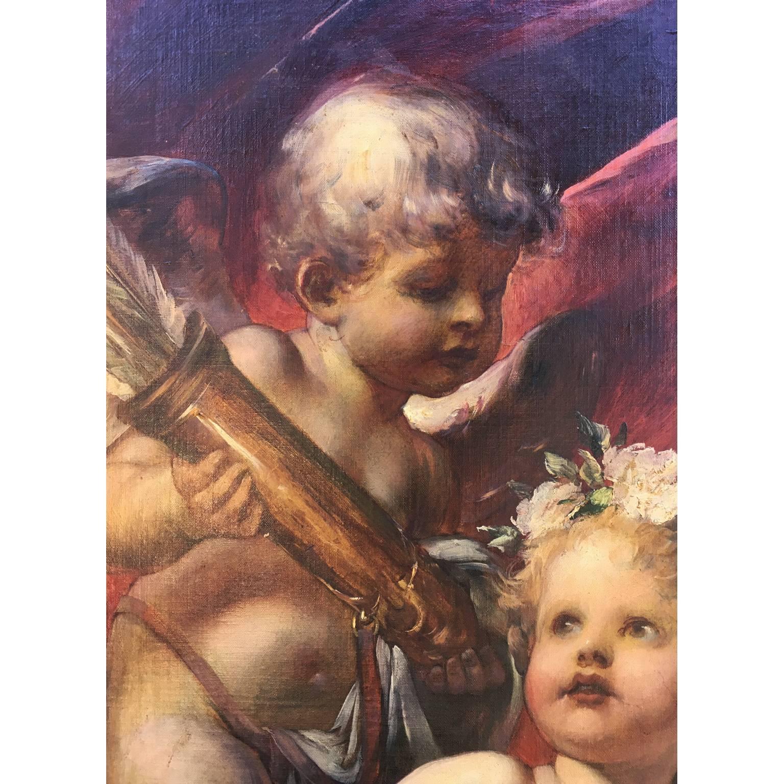 Incantevole trittico di cherubini su tela del XIX secolo  Un'allegoria della primavera - Figurative Painting Marrone di Ferdinand Wagner II 