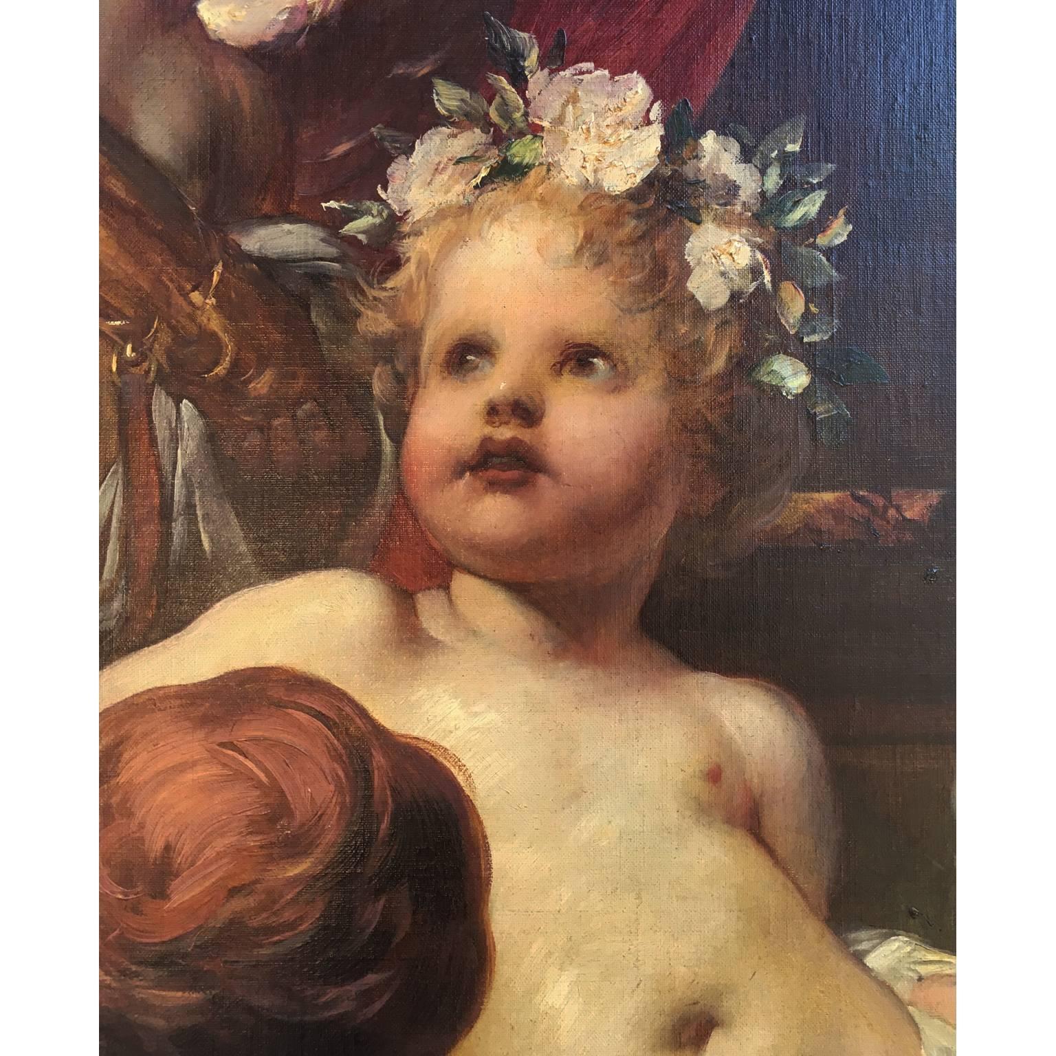 Incantevole trittico di cherubini su tela del XIX secolo  Un'allegoria della primavera in vendita 1