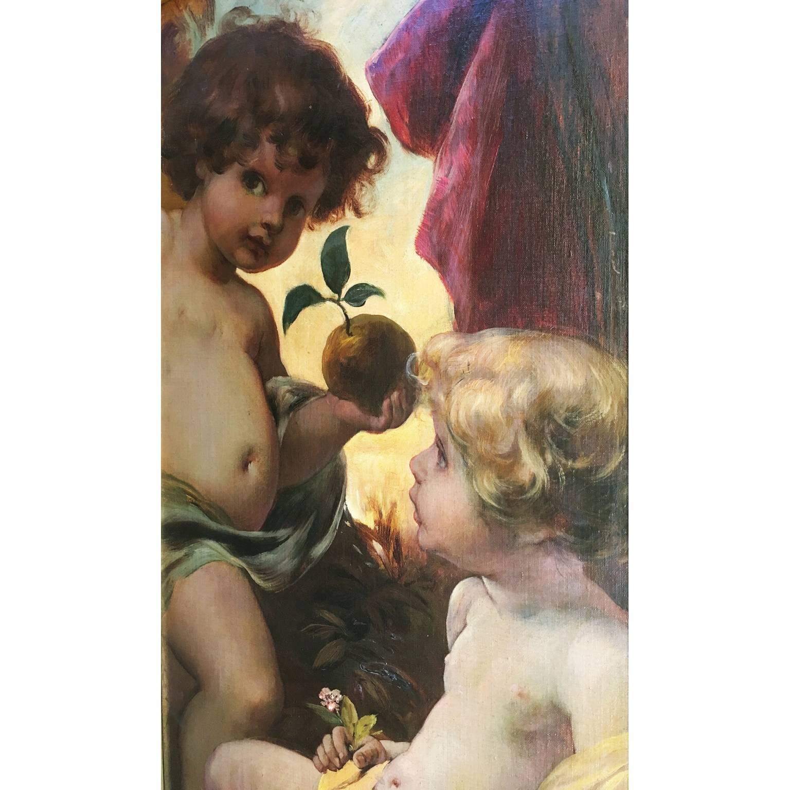 Incantevole trittico di cherubini su tela del XIX secolo  Un'allegoria della primavera in vendita 3
