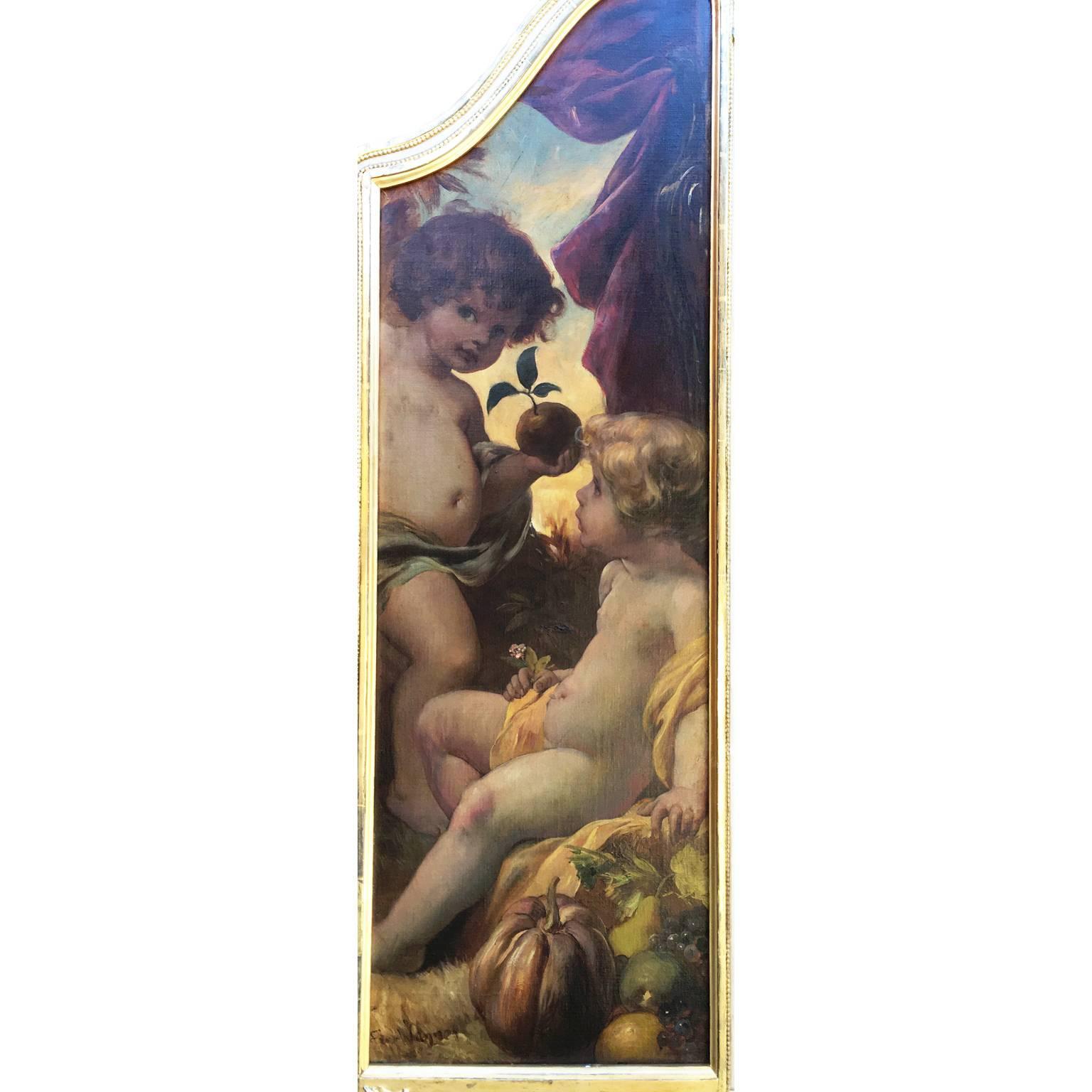 Incantevole trittico di cherubini su tela del XIX secolo  Un'allegoria della primavera in vendita 4