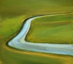Uphill No. 1, Acrylic, Wood Panel, Landscape, Water, Grass, Hills