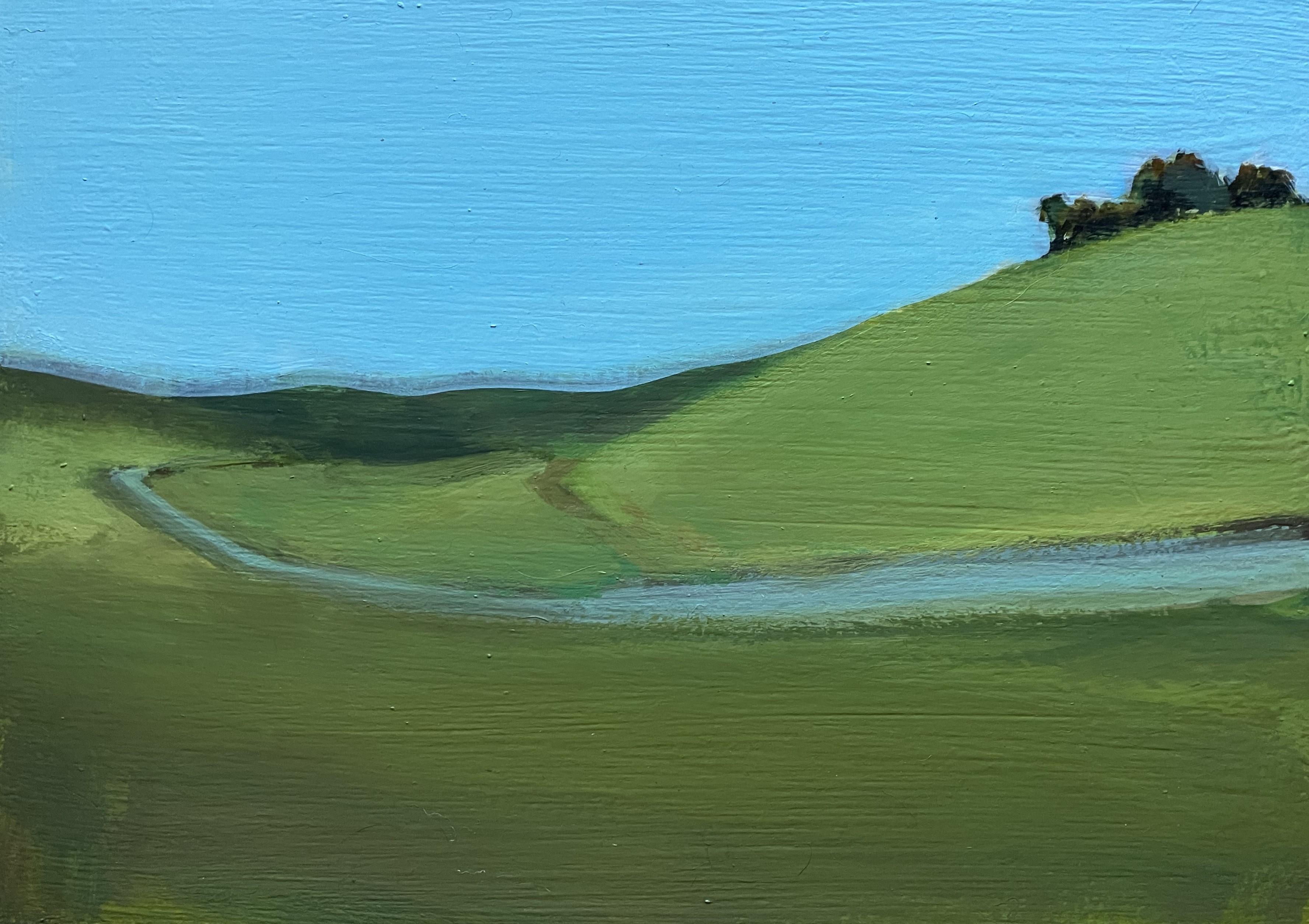 Ferdinanda Florence Landscape Painting - Uphill No. 2, Acrylic, Wood Panel, Landscape, Water, Grass, Hills