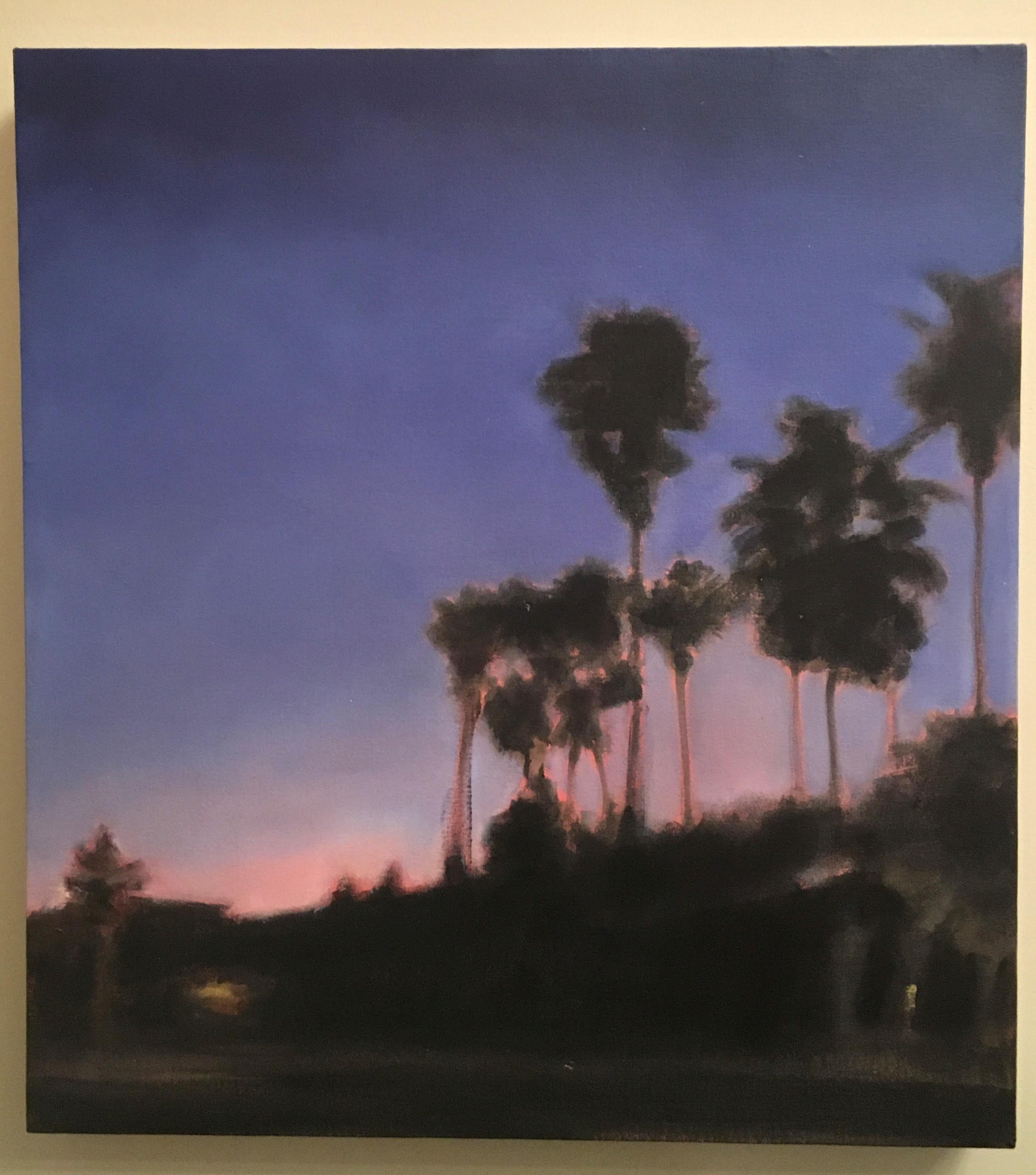 Waterman Palms No. 1, California, Palm Trees, Blue, Pink, Landscape, Trees - Painting by Ferdinanda Florence