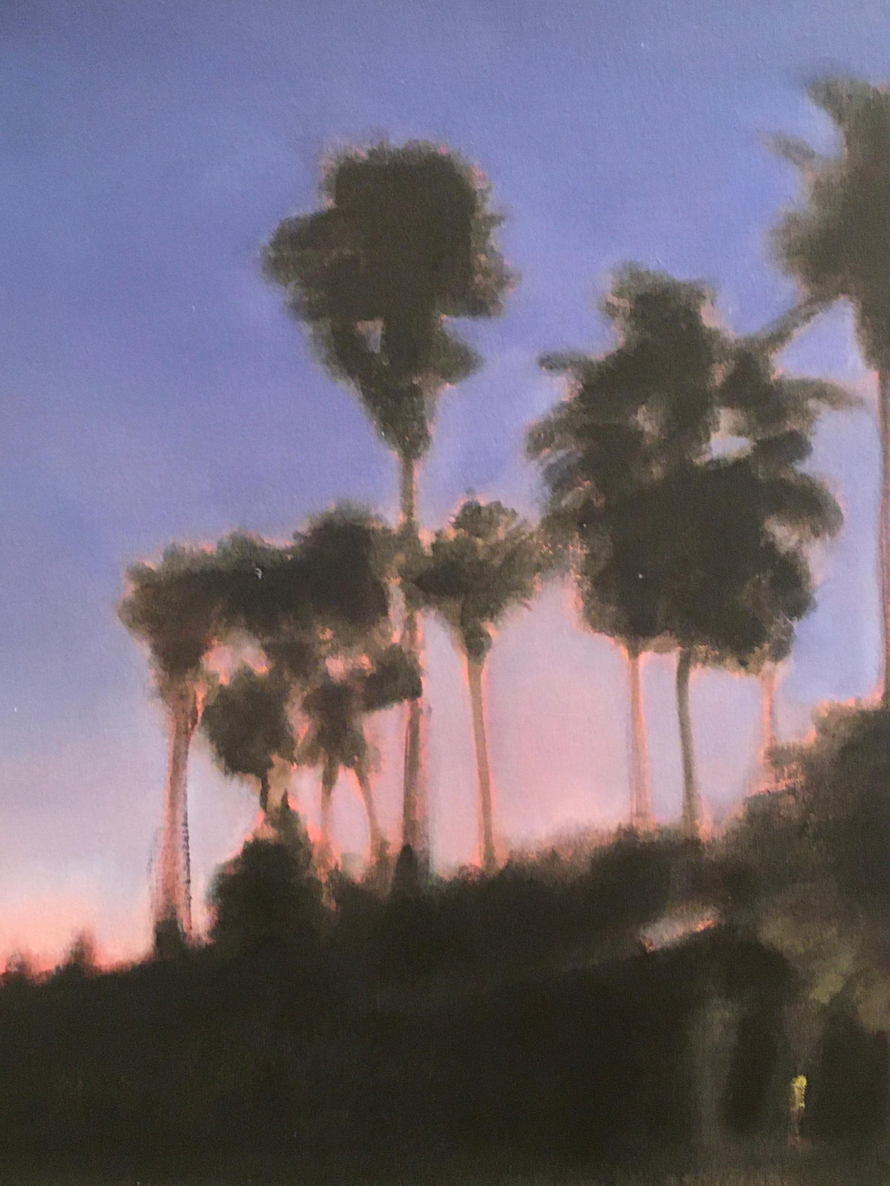 Waterman Palms No. 1, California, Palmeras, Azul, Rosa, Paisaje, Árboles - Abstract Painting Negro de Ferdinanda Florence