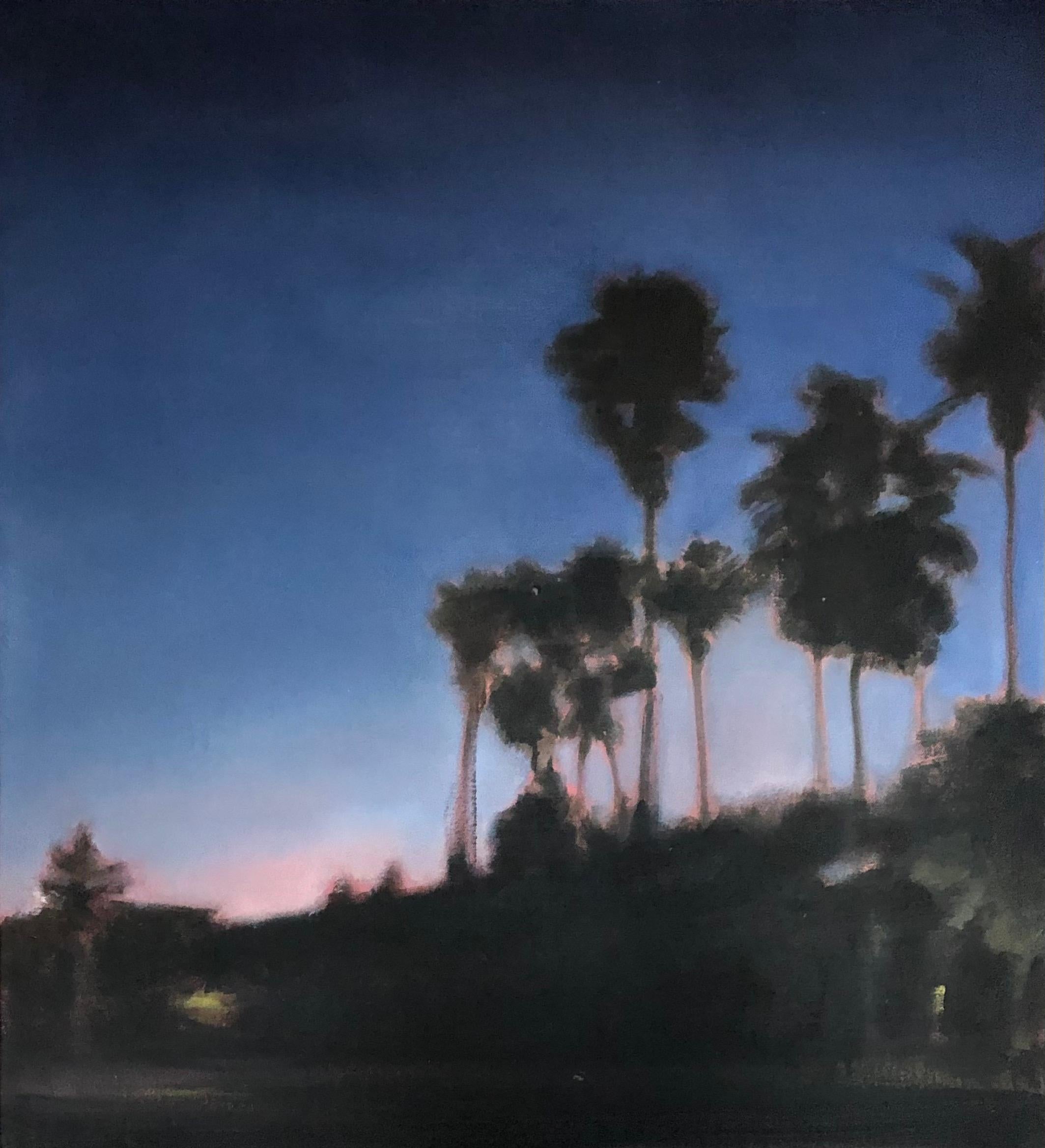 Ferdinanda Florence Abstract Painting - Waterman Palms No. 1, California, Palm Trees, Blue, Pink, Landscape, Trees