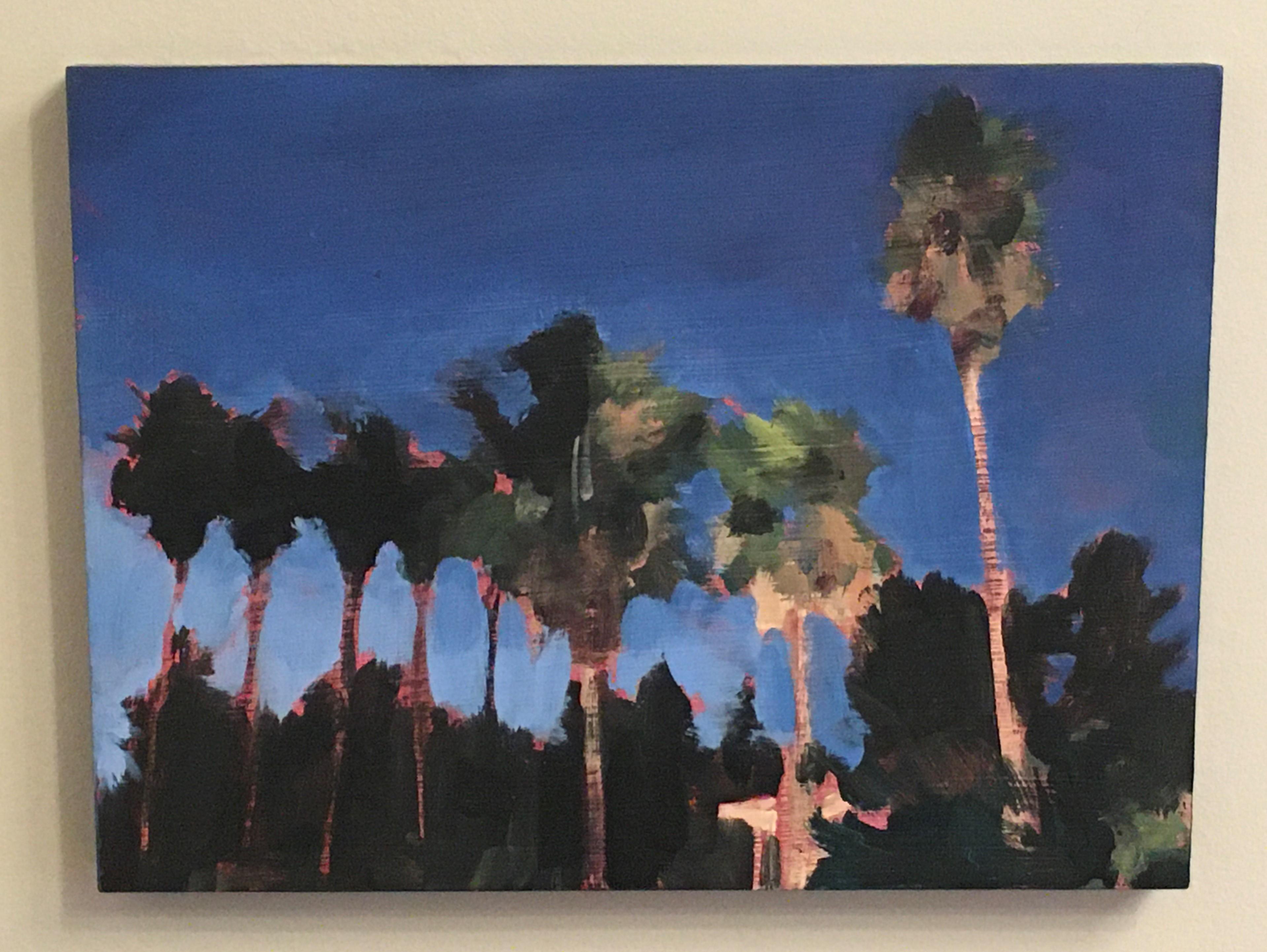 Waterman Palms No. 4, California, Palm Trees, Blue, Green, Landscape, Trees - Painting by Ferdinanda Florence