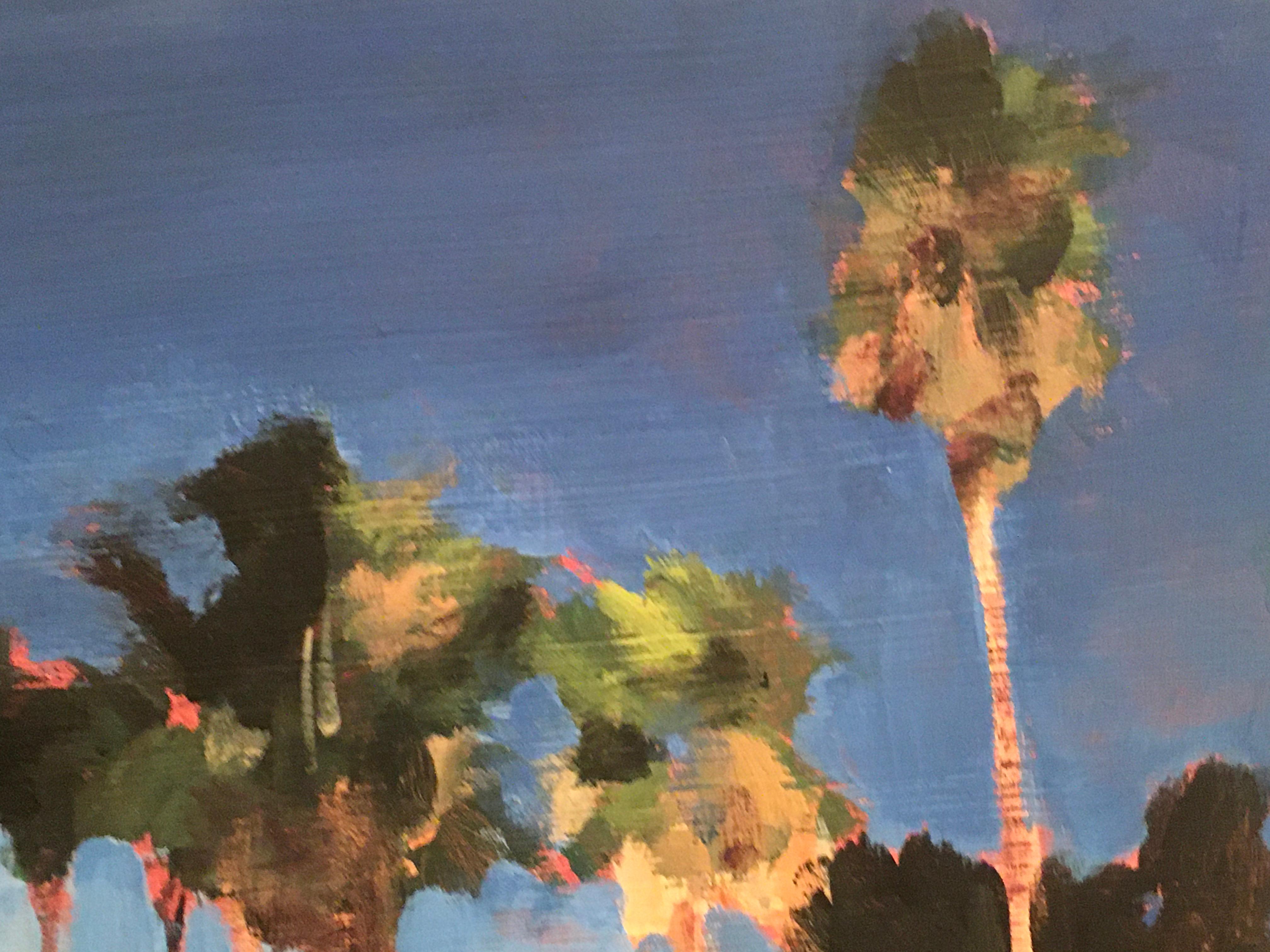 Waterman Palms No. 4, California, Palm Trees, Blue, Green, Landscape, Trees - Contemporary Painting by Ferdinanda Florence