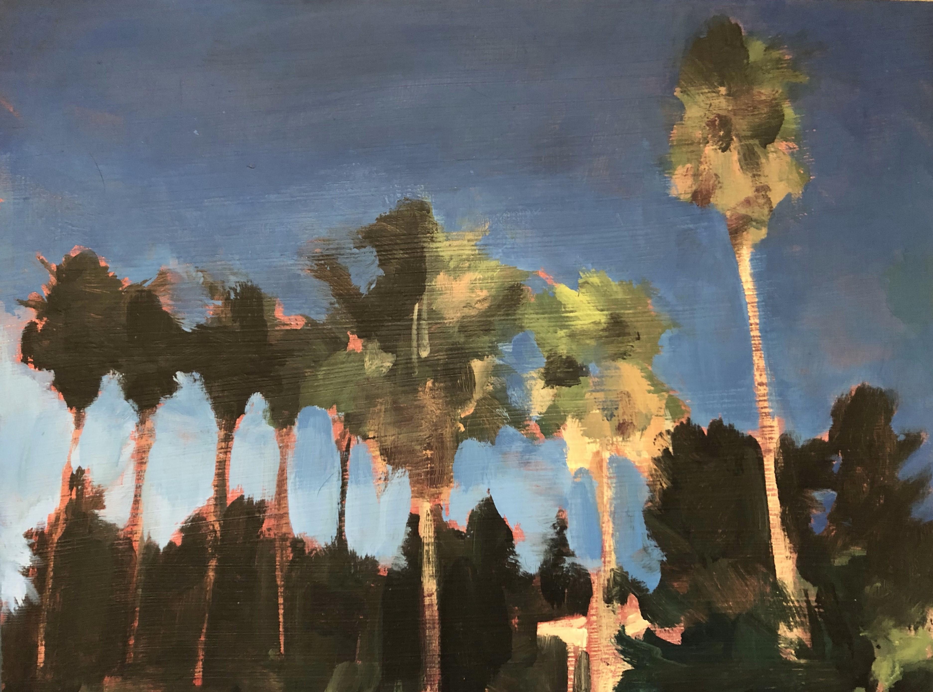 Ferdinanda Florence Abstract Painting - Waterman Palms No. 4, California, Palm Trees, Blue, Green, Landscape, Trees