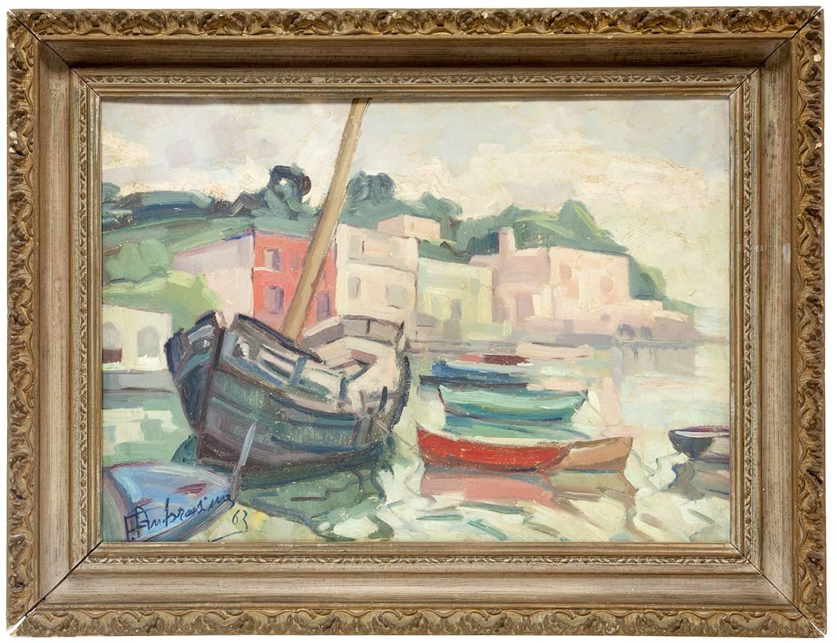 Ferdinando Ambrosino Landscape Painting – Italienisches modernistisches Ölgemälde Boote im Hafen