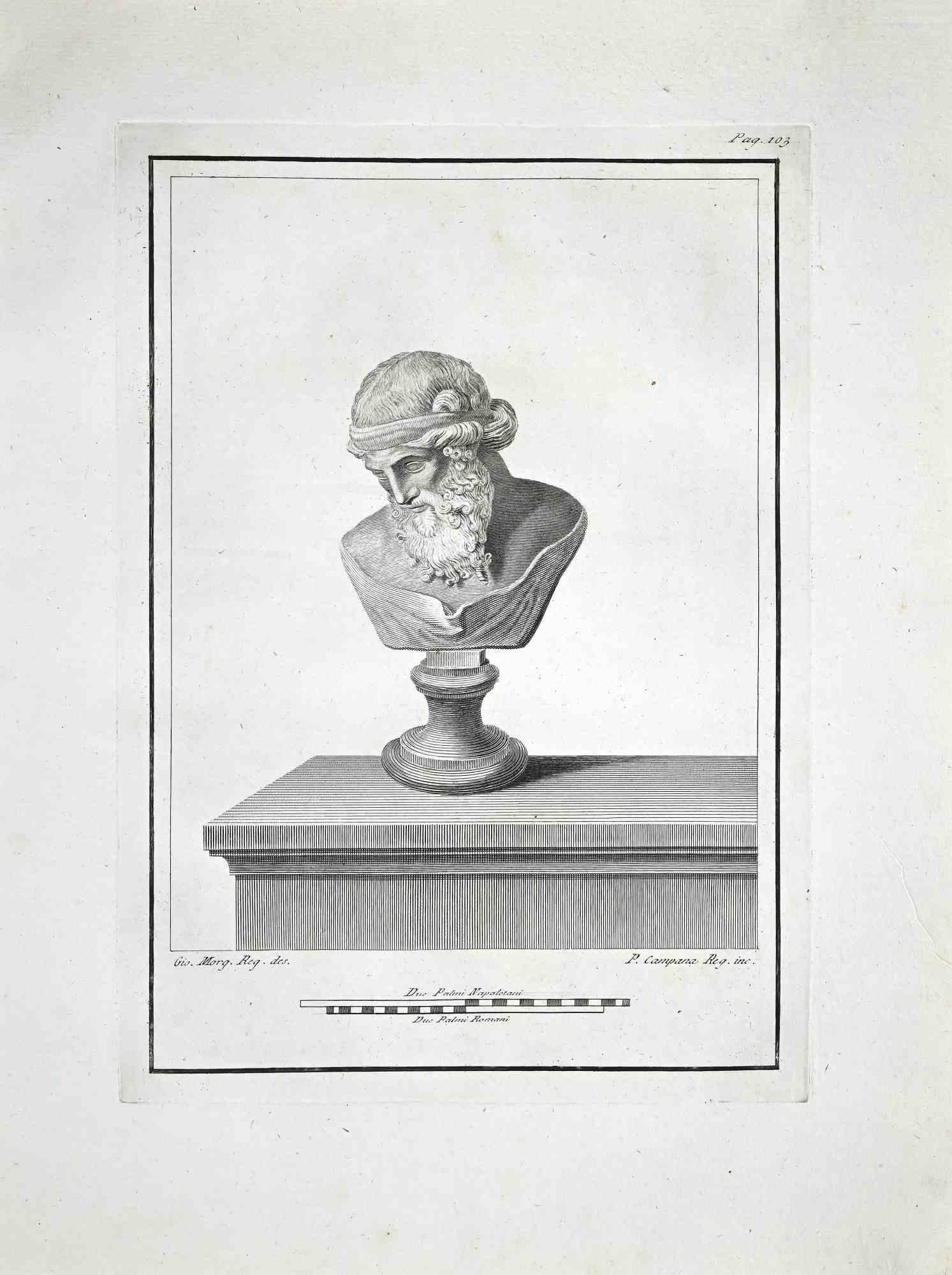 Ancient Roman Bust, aus der Serie "Antiquities of Herculaneum", ist eine Original-Radierung auf Papier von Pietro Campana.

Signiert auf der Platte, unten rechts.

Gute Bedingungen.

Die Radierung gehört zu der Druckserie "Antiquities of Herculaneum