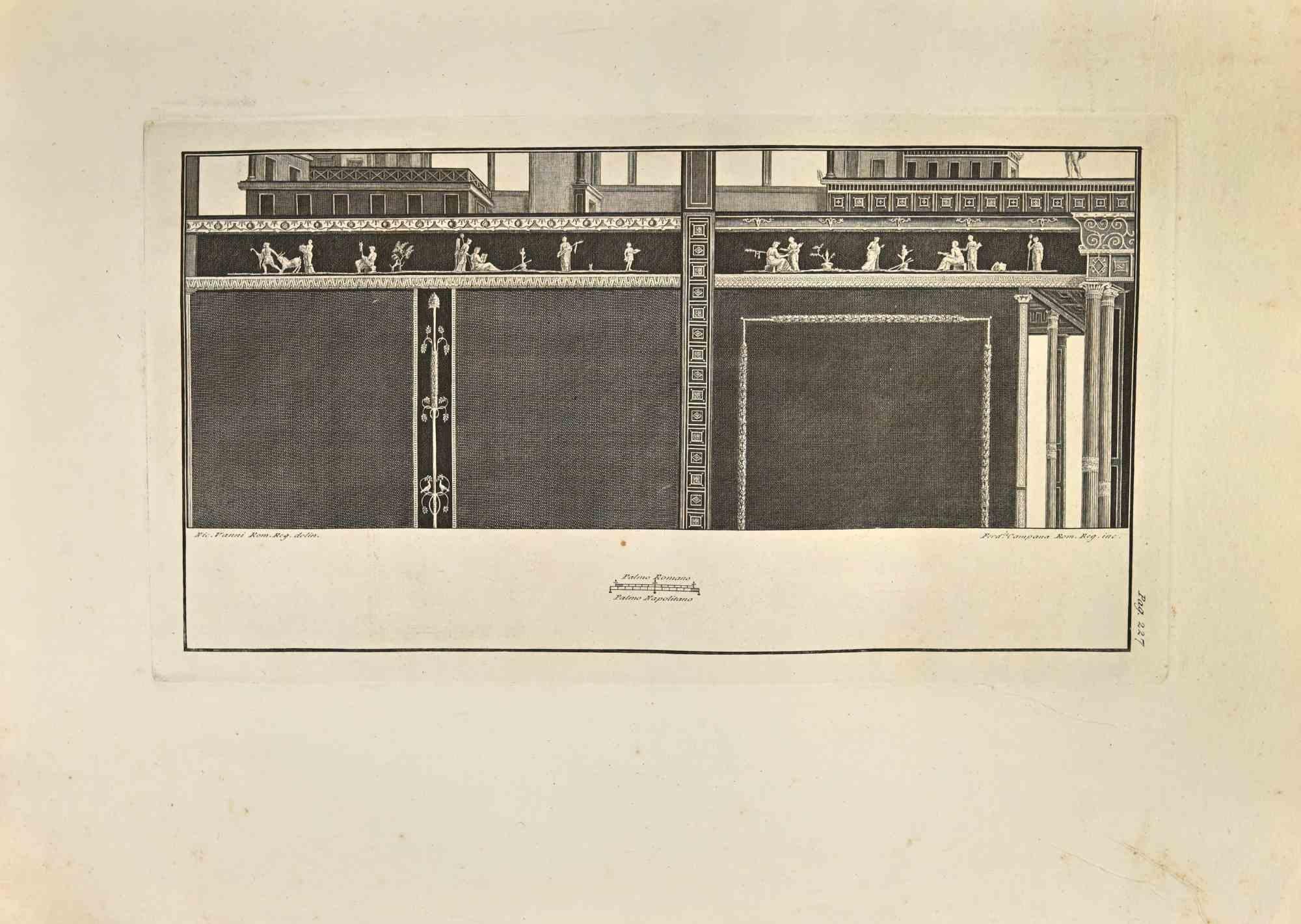  Ancient Roman Fresco  from  "Antiquities of Herculaneum" is an etching on paper realized by Ferdinando Campana in the 18th Century.

Signed on the plate.

Good conditions with folding, due to the time

The etching belongs to the print suite